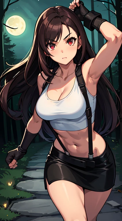 masterpiece, best quality, tifa lockhart, final fantasy vii, 1girl, anime style, cell shading, long black hair, reddish-brown irises, medium breasts, small waist, perfect figure, athletic physique, highly detailed, expressive eyes, perfect face, white crop top, cleavage, elbow pad, fingerless gloves, suspenders, black leather miniskirt, looking at viewer, walking, front shot, (Background: Outdoors, in the forest, night, moon light luminating on the forest floor)
