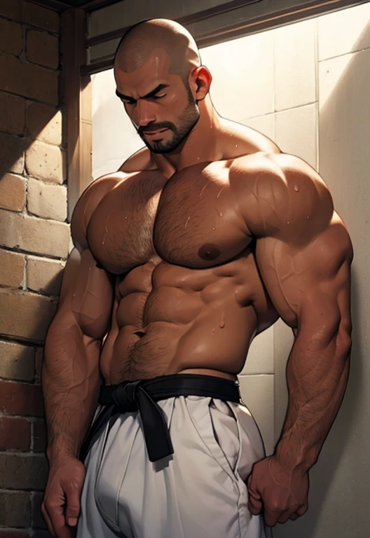 Shirtless and wearing white pants、A 35-year-old Japanese, bare-chested, skinny physique athlete with a shaved head, mustache and black belt is leaning his back against a wall in a dimly lit dojo with his knees bent.,Oblique front view from the waist up,Arms down,sweat flowing,open your mouth wide,hunched back,round your back