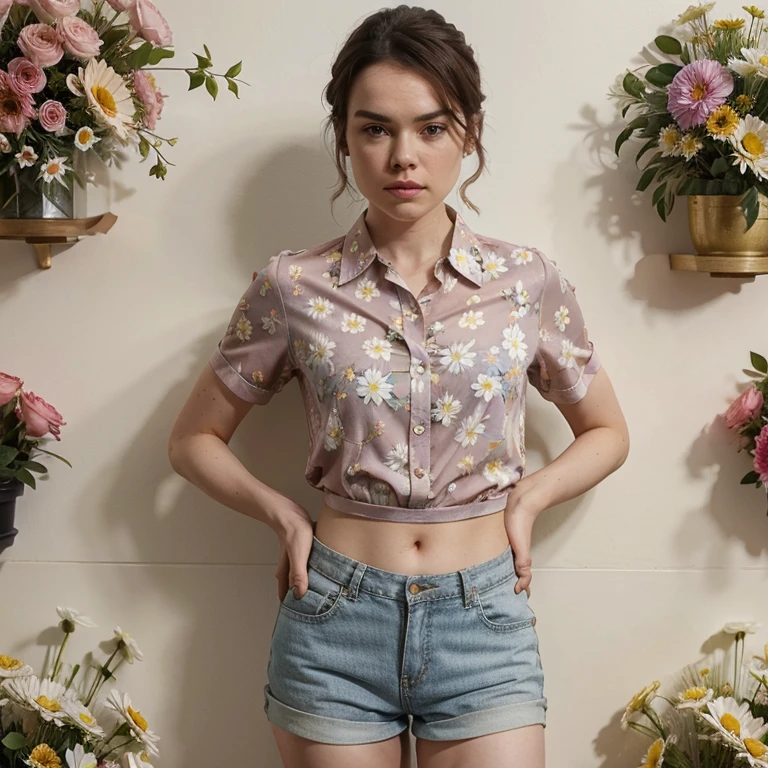 Daisy Ridley dressed in a floral shirt and shorts