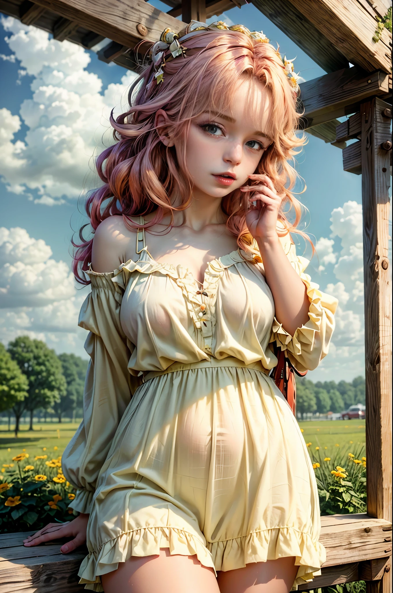masterpiece, best quality, spring outfit, colorful hair, outdoor,cloud ,upper body,