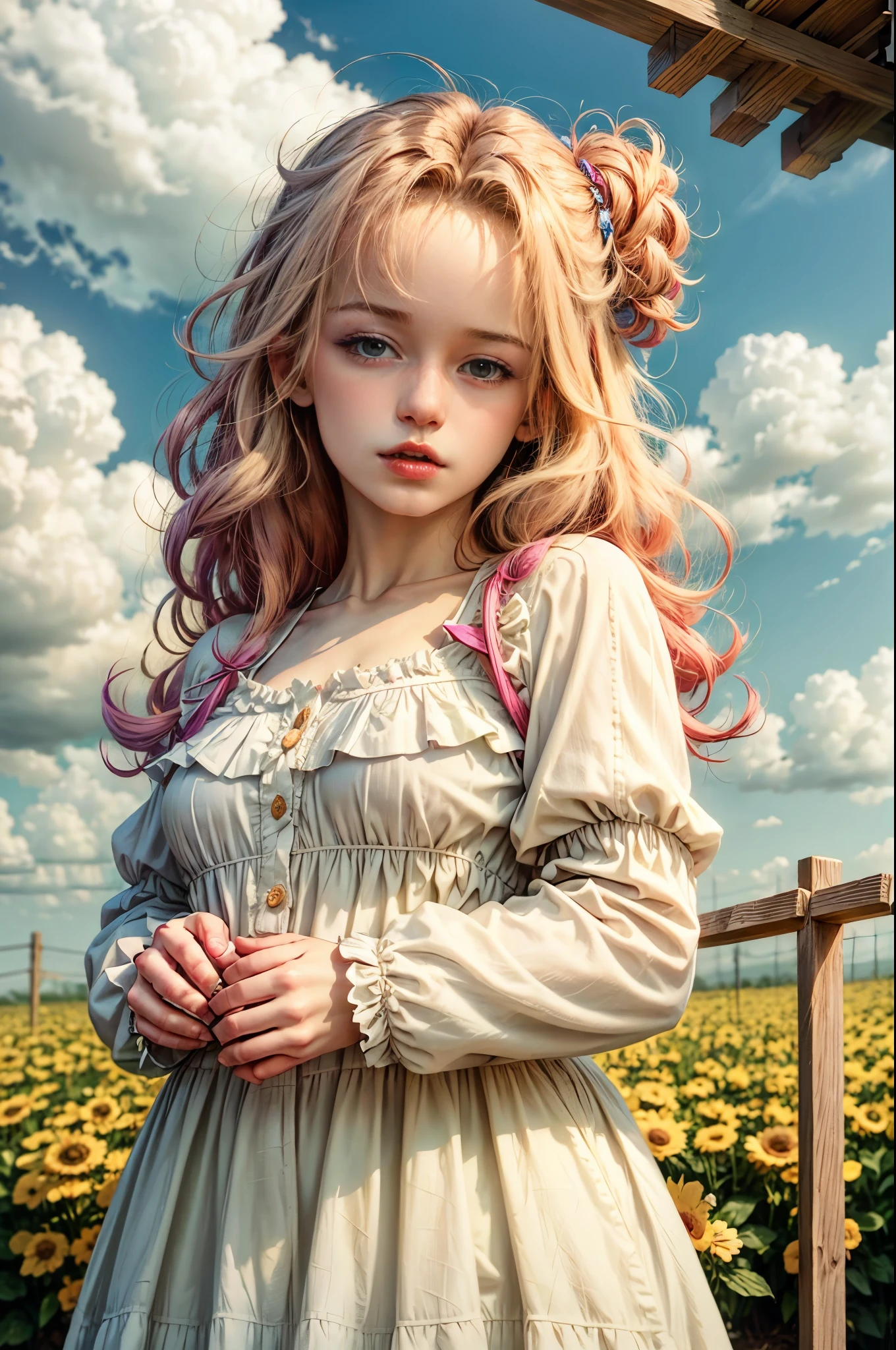 masterpiece, best quality, spring outfit, colorful hair,  outdoor,cloud ,upper body,