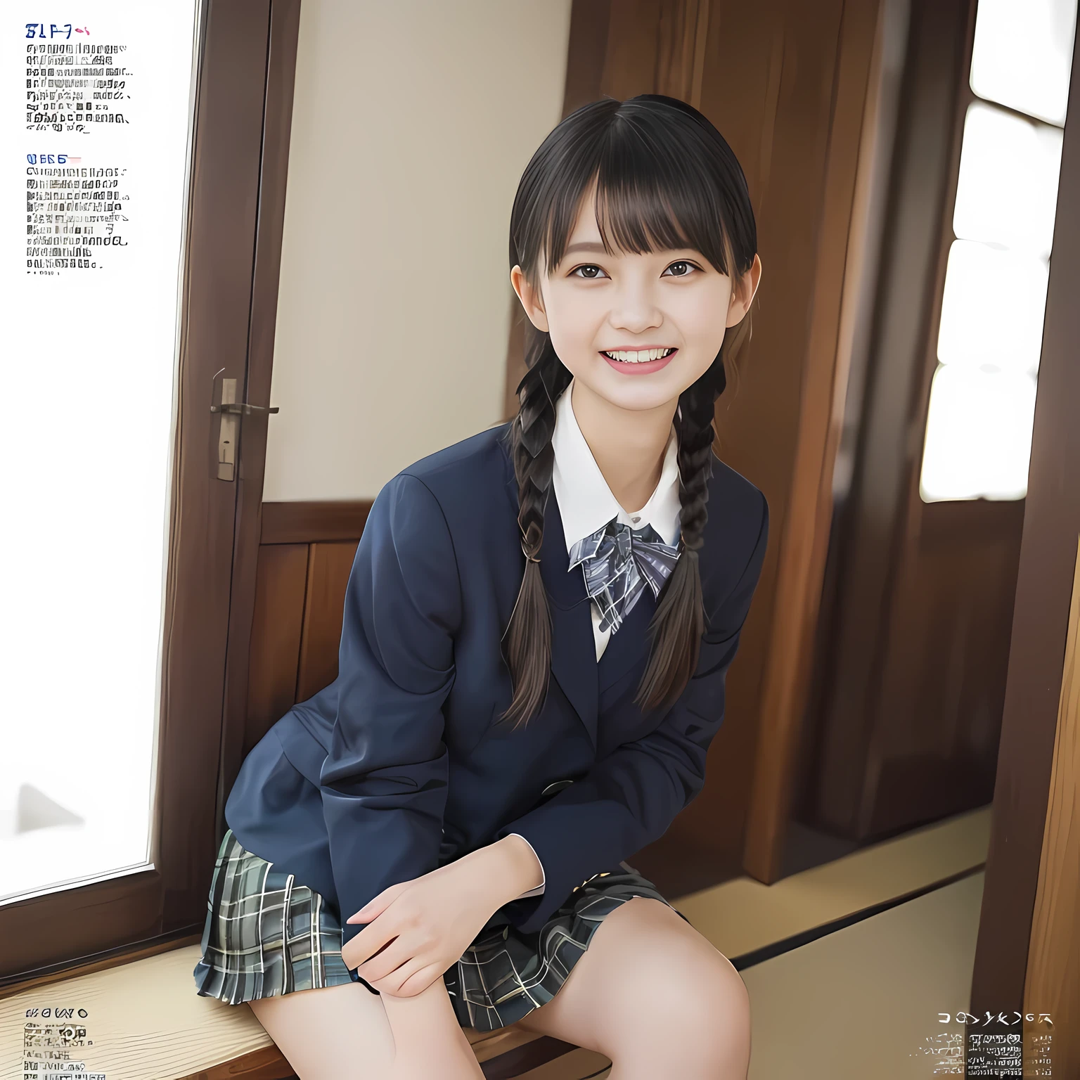 (highest quality、masterpiece:1.2)、highest quality、realistic、photograph、High resolution、1080p、8K、The face is especially pale., physical rendering、((Height: 155cm)), one Japanese girl、((A 15-year-old Japanese junior high school student is sitting)), (((Fashion model in a Japanese magazine))), , (((big very detailed beautiful dark brown eyes))), ((blue girly large wine-red glossy polyester Japanese school ribbon bow tie)), (((black beautiful long twin braids hair))), ((((deep blue colored tartan checkered formal long pleated pleated skirt)))), ((A unpatterned formal dark blue blazer in solid that is slightly oversized and has an emblem on the left chest.)), ((((((laughing at me!)))))), mouth is open, The large blazer and skirt are very cute., detailed fingers, Slender body, ((curled bangs)), so beautiful, long eyelashes, ((Very big and very very very cute eyes of a Japanese girl)), ((large pupils)), double eyelids, The entire skirt is photographed, thin eyebrows, ((drooping eyes)), ((long eyelashes)), ((cute lovely lovely laughing laughing cheeks)), ((Pure white light hits her face from above and in the front, making her skin and eyes shine beautifully.)), ((Strong light hits the nose and cheeks、It brings out the richness of the expression.)), (((((Her face is expressive, pure and very intelligent.))))), (((Shot from the right side)))