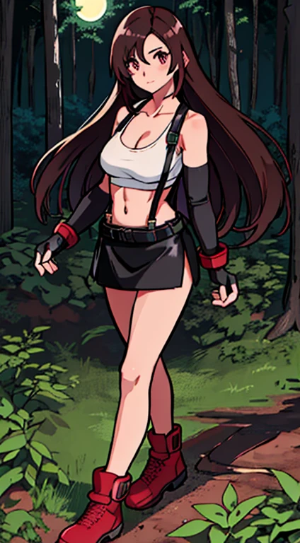 masterpiece, best quality, tifa lockhart, final fantasy vii, 1girl, anime style, cell shading, long black hair, reddish-brown irises, medium breasts, small waist, perfect figure, athletic physique, highly detailed, expressive eyes, perfect face, white crop top, cleavage, elbow pad, fingerless gloves, suspenders, black leather miniskirt, looking at viewer, walking, front shot, (Background: Outdoors, in the forest, night, moon light luminating on the forest floor)
