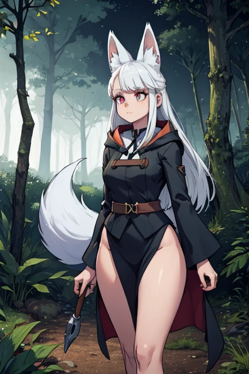 A white haired female witch with copper eyes and white fox ears and a white fox tail in a conservative witch's uniform is walking through a forest at night