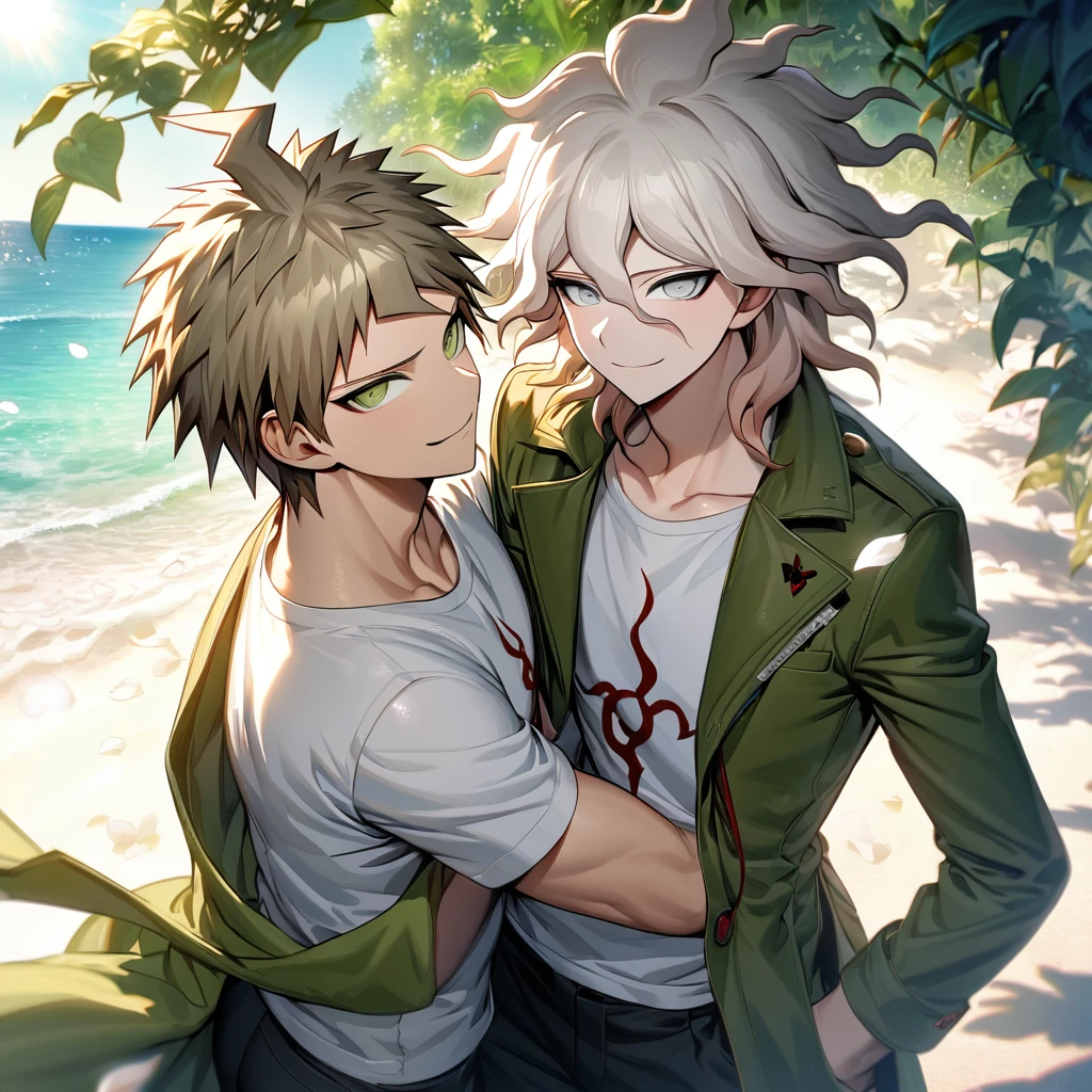Ultra detailed, Highres, absurdres, HDR, Komaeda Nagito, white hair, silver eyes, Hinata Hajime, light brown hair, Danganronpa, green long coat, white tight t-shirt, black pants, smirking, green leaves, summer, flowers and petals, handsome, 2 man together, gay couple
