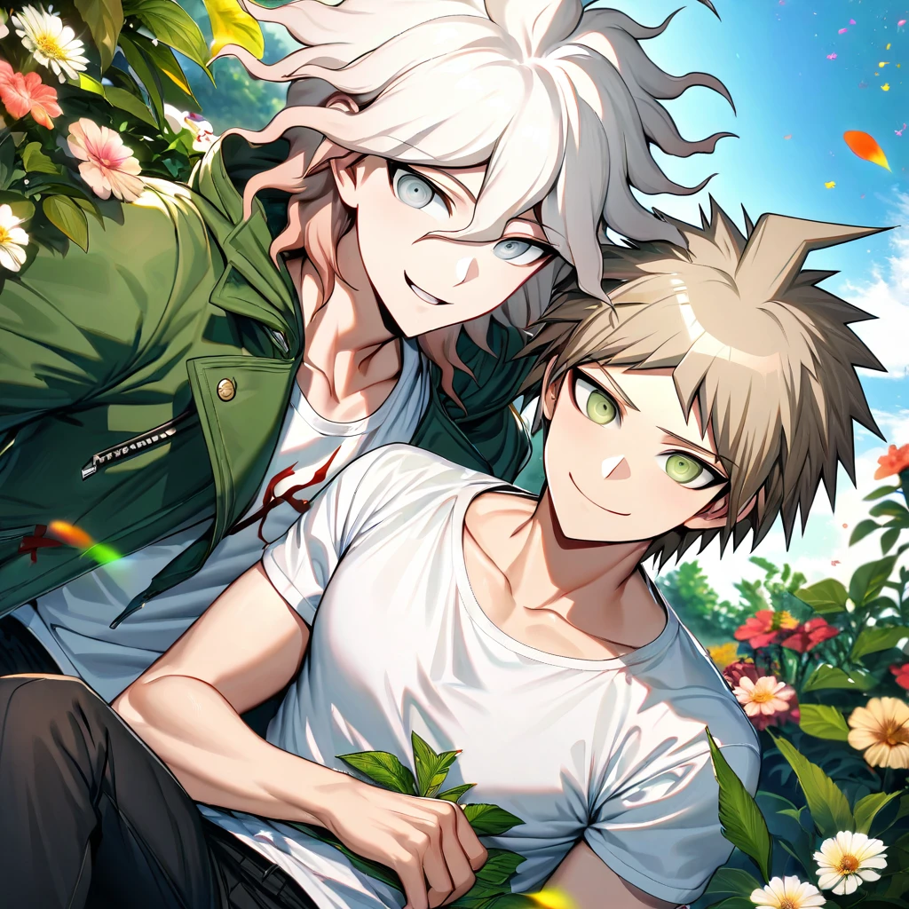 Ultra detailed, Highres, absurdres, HDR, Komaeda Nagito, white hair, silver eyes, Hinata Hajime, light brown hair, Danganronpa, green long coat, white tight t-shirt, black pants, smirking, green leaves, summer, flowers and petals, handsome, 2 man together, gay couple