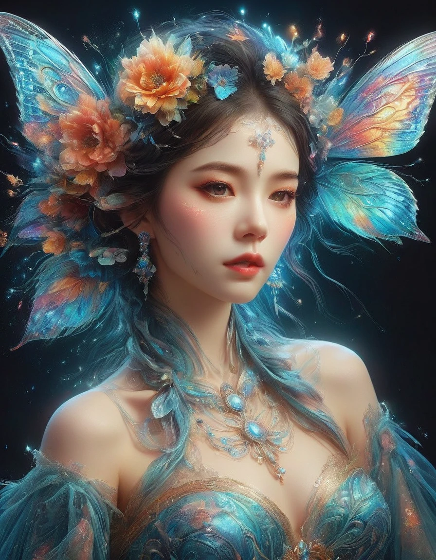 Create a surreal portrait of a woman with butterfly wings, Her presentation should be dreamlike and ethereal, with the vibrant, outlandish colors and improbable, distortion-filled artistry characteristic of Surrealism, a movement prevalent in the early 20th century, Think of the intricacy and strangeness often associated with visual illusions, Let her gown flow in an eerily graceful manner, This portrait should be captured as if viewed through a macro lens, accentuating each fine line and elaborate detail, Though it is a fantasy-inspired piece, the realism in the details should not be compromised., Eyes on the audience, first-person view, pov, cowboy shot, UHD, masterpiece, ccurate, anatomically correct, textured skin, super detail, award winning, best quality, 8k