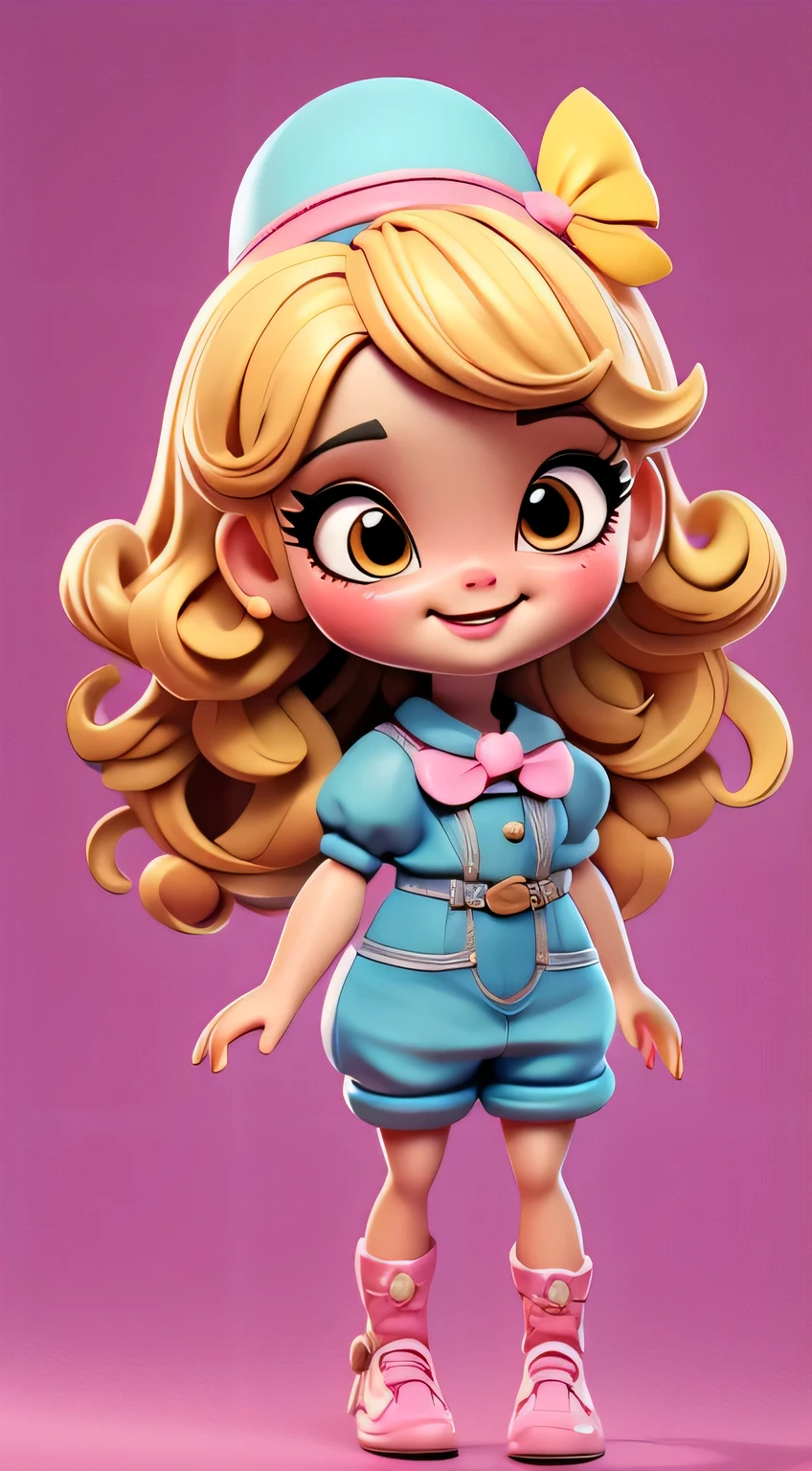 Create a series of cute chibi-style dolls, cabelo amarelo claro, blonde, loira olhos azuis, pink bow in hair, vestido fofo, sorrindo, feliz, com um lindo sorridente e fofa, each with lots of detail and in 8K resolution. All puppets must follow the same solid background pattern and be complete in the image, mostrando o (corpo inteiro, incluindo as pernas: 1.5)

Boneca fada: Chama-a de Bella. Ela deve ter cabelo longo e cacheado em tons castanho e preto. Seus olhos devem ser grandes e brilhantes, with long eyelashes and rosy cheeks. Bella should have been dressed in a country style jumpsuit, delicado, florido e detalhado. She should wear a hat and no accessories on her hands, deixando elas sem nada. Don&#39;t forget the details, com detalhes coloridos e enfeites encantadores, sapato bonito

Certifique-se de adicionar sombras, texturas e detalhes nos cabelos, roupas de cada boneca, to make them even more adorable and charming.