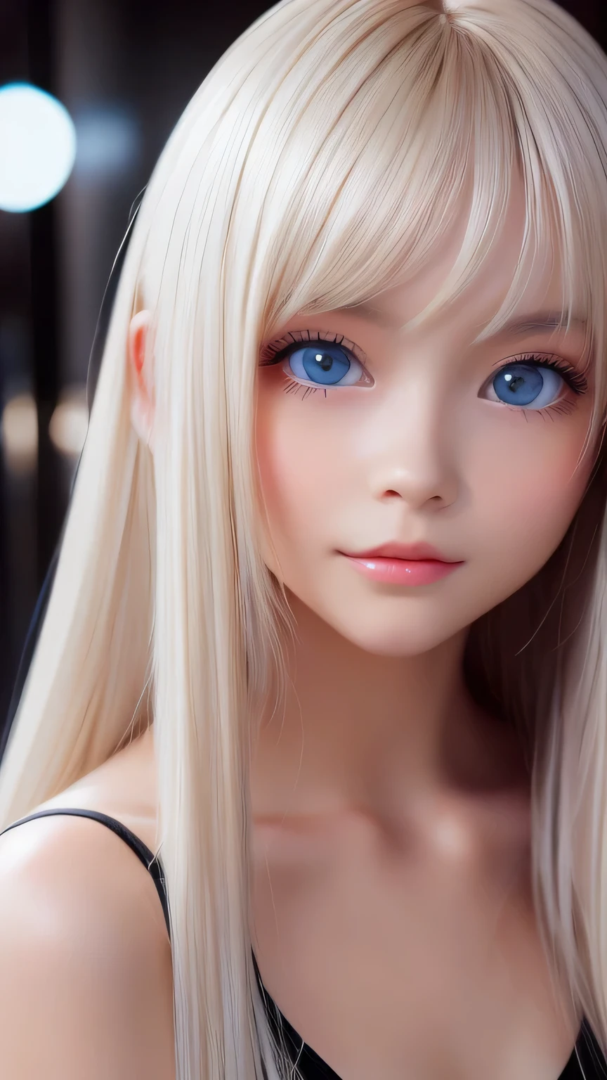 Exceptional sexy beauty、Beautiful calm and bright expression、sexy refreshing look、Perfect beautiful cute face with long bangs、Super long shiny platinum blonde straight hair、beautiful face hair、Very cute beautiful sexy young little woman、very perfect beautiful cute face、Large, bright, light blue eyes that shine beautifully、very big eyes、small face beauty、cheek gloss highlight、round face
