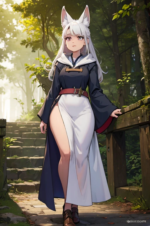 A white haired female witch with copper eyes and white fox ears and a white fox tail in a conservative witch's uniform is walking through a forest at night