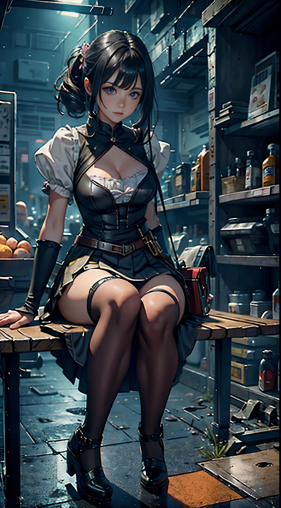An ultra-realistic and ultra-detailed (Legendary Multicolored Psychedelic Masterpiece), ((full body portrait)), (Dynamic Angle View), Looking At Viewer, best quality, 1girl, She is a Gorgeous Magical Alchemist Sitting Down On A Fancy Round Stool, a very noble Caucasian lady, wearing a highly detailed expensive Woman's wizard's Outfit, Favors a beautiful Mid-Length skirt with frills,ringed silver eyes, thin body, (small breasts), (slim bare legs), Showing Appropriate Cleavage, ((Awesome Straight Stylish Black Hair)), a Strong Determined smile, ((A Glowing Detailed Celestial Constellation Star Map On The Ceiling)), FLYING PIECES OF GLOWING PAPER SWARMING HER, (experiment desk crowded by many alchemy instruments, medicines, reagents, specimen, bottles, scrolls), many floating open spell books surround her, (1 large floating antique terrestrial globe), old compass, 1 massive old clock, antiques, quill pen, a pair of scales, dramatic, backlighting, night, midnight, (Multitude Of Stars), beautiful fantastic night view, (ultra-detailed, finely detailed beautiful eyes and face), high resolution, 8k UHD, perfect anatomy, perfect fingers, Highly detailed scenery, Highly detailed background, perspective, depth of field, atmospheric