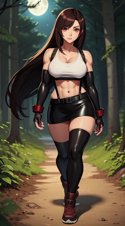 masterpiece, best quality, tifa lockhart, final fantasy vii, 1girl, anime style, cell shading, long black hair, reddish-brown irises, medium breasts, small waist, perfect figure, athletic physique, highly detailed, expressive eyes, perfect face, white crop top, cleavage, elbow pad, fingerless gloves, suspenders, black leather miniskirt, looking at viewer, walking, front shot, (Background: Outdoors, in the forest, night, moon light luminating on the forest floor)
