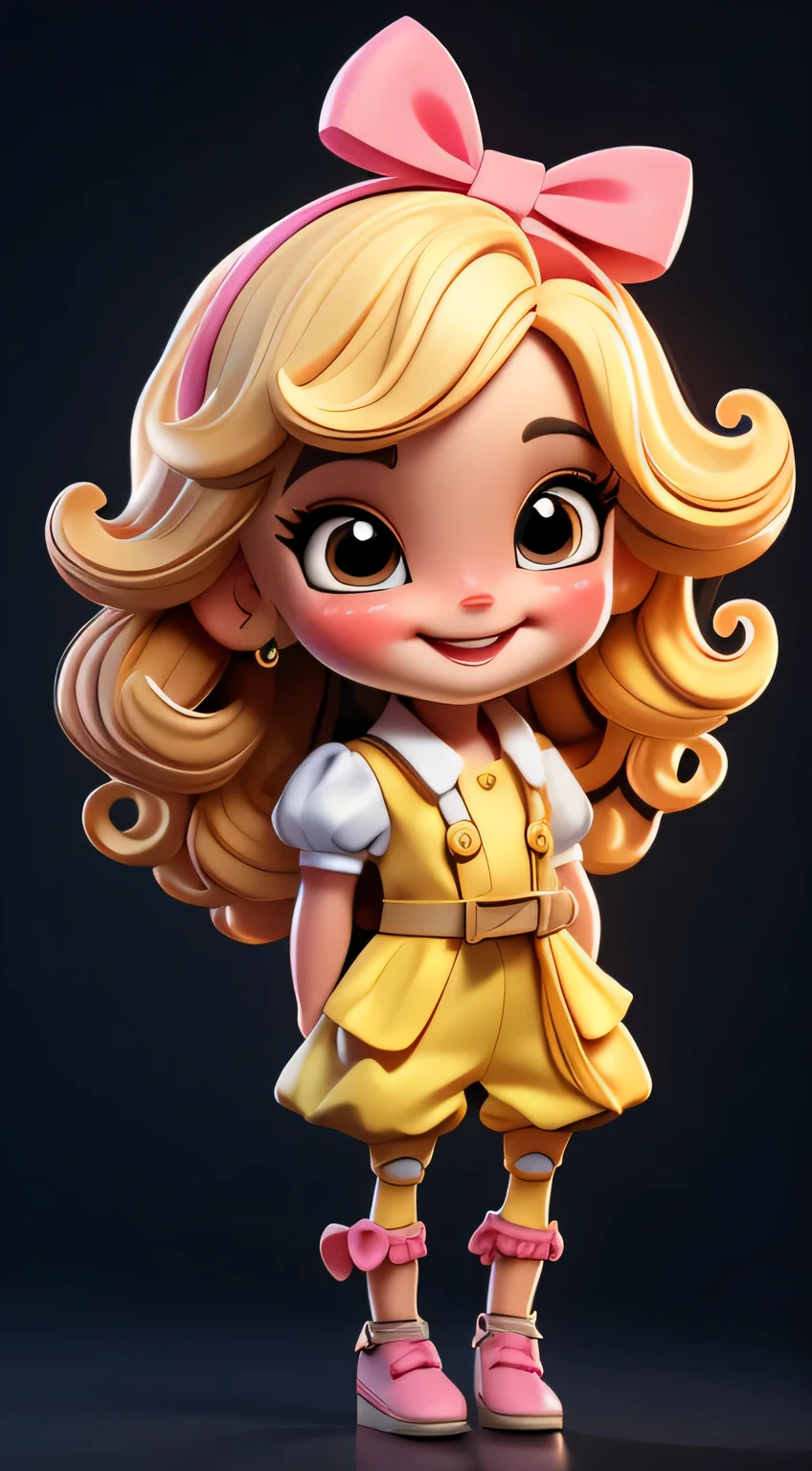 Create a series of cute chibi-style dolls, cabelo amarelo claro, blonde, loira olhos azuis, pink bow in hair, vestido fofo, sorrindo, feliz, com um lindo sorridente e fofa, each with lots of detail and in 8K resolution. All puppets must follow the same solid background pattern and be complete in the image, mostrando o (corpo inteiro, incluindo as pernas: 1.5)

Boneca fada: Chama-a de Bella. Ela deve ter cabelo longo e cacheado em tons castanho e preto. Seus olhos devem ser grandes e brilhantes, with long eyelashes and rosy cheeks. Bella should have been dressed in a country style jumpsuit, delicado, florido e detalhado. She should wear a hat and no accessories on her hands, deixando elas sem nada. Don&#39;t forget the details, com detalhes coloridos e enfeites encantadores, sapato bonito

Certifique-se de adicionar sombras, texturas e detalhes nos cabelos, roupas de cada boneca, to make them even more adorable and charming.