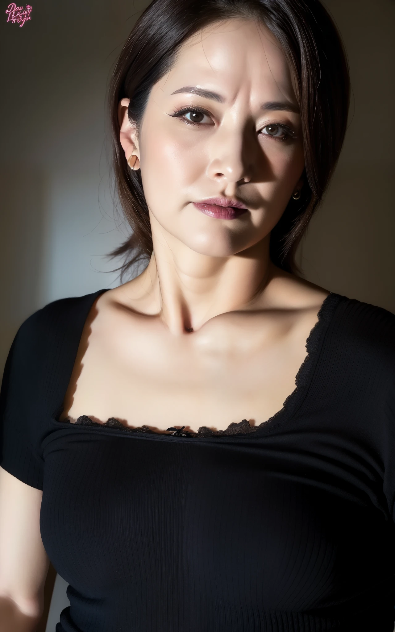 masterpiece,best quality, (one milf), ((portrait:1.5)), makeup, elegant black shirt, lewd, erotic, touch own chest, ((seduction and disdain expression)),