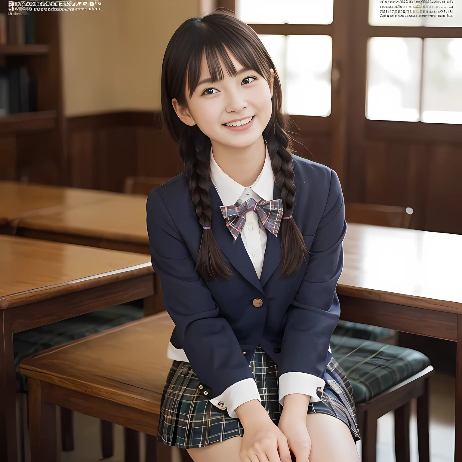 (highest quality、masterpiece:1.2)、highest quality、realistic、photograph、High resolution、1080p、8K、The face is especially pale., physical rendering、((Height: 155cm)), some Japanese girls、((A 15-year-old Japanese junior high school student is sitting)), (((Fashion model in a Japanese magazine))), , (((big very detailed beautiful dark brown eyes))), ((blue girly large wine-red glossy polyester Japanese school ribbon bow tie)), (((black beautiful long twin braids hair))), ((((deep blue colored tartan checkered formal long pleated pleated skirt)))), ((A unpatterned formal dark blue blazer in solid that is slightly oversized and has an emblem on the left chest.)), ((((((laughing at me!)))))), mouth is open, The large blazer and skirt are very cute., detailed fingers, Slender body, ((curled bangs)), so beautiful, long eyelashes, ((Very big and very very very cute eyes of a Japanese girl)), ((large pupils)), double eyelids, The entire skirt is photographed, thin eyebrows, ((drooping eyes)), ((long eyelashes)), ((cute lovely lovely laughing laughing cheeks)), ((Pure white light hits her face from above and in the front, making her skin and eyes shine beautifully.)), ((Strong light hits the nose and cheeks、It brings out the richness of the expression.)), (((((Her face is expressive, pure and very intelligent.))))), (((looking down)))