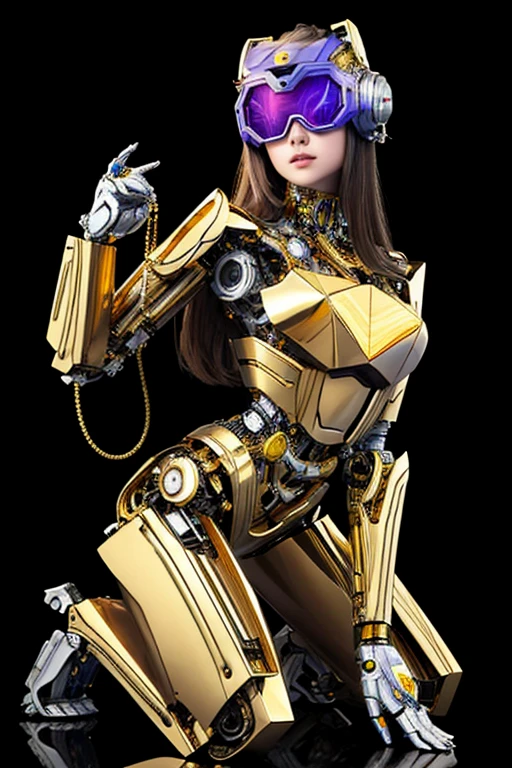 5 8K UHD,
 A mechanical beauty in a gold metallic body wearing glasses is kneeling,
 A silver metal robot with shiny skin,
 The face is a beautiful and cute human female face,
 full body shot