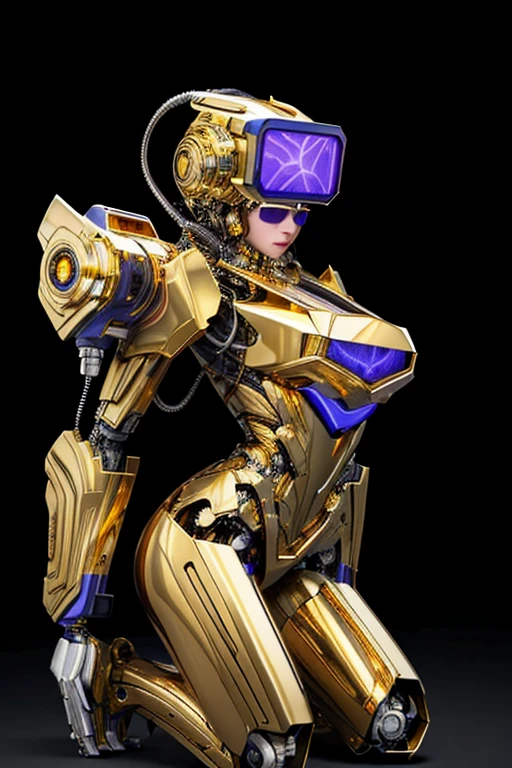 5 8K UHD,
 A mechanical beauty in a gold metallic body wearing glasses is kneeling,
 A silver metal robot with shiny skin,
 The face is a beautiful and cute human female face,
 full body shot