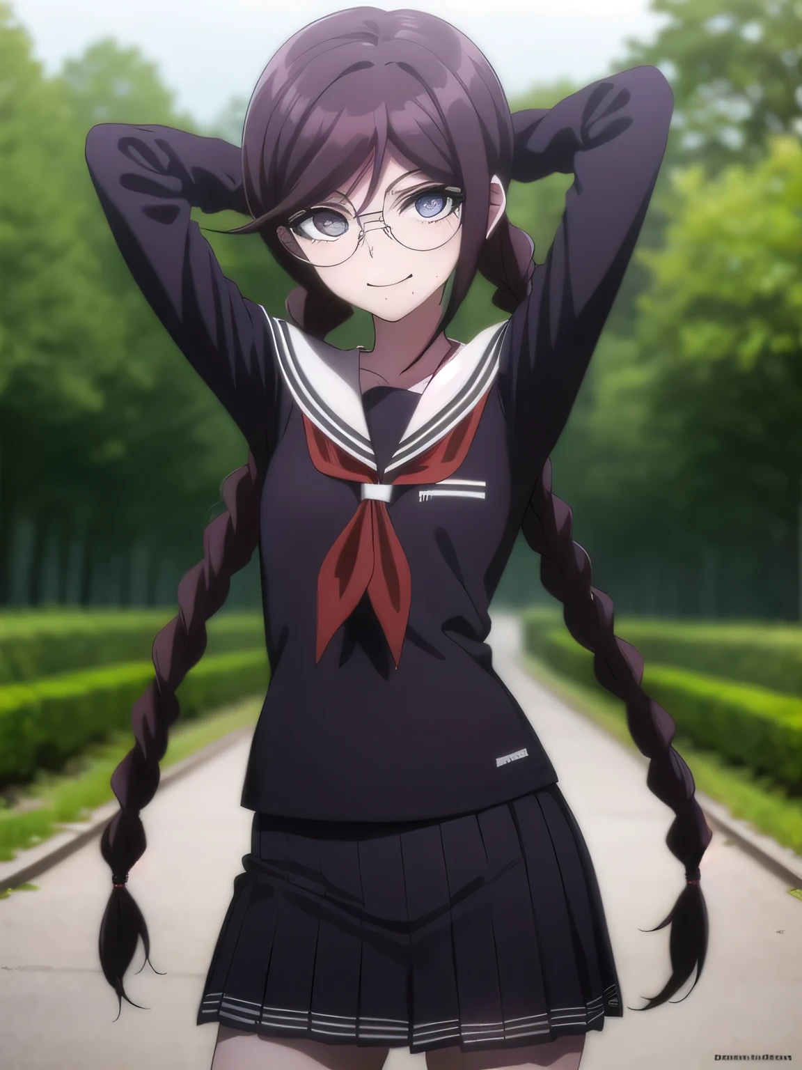 toukofukawa, touko fukawa, long hair, bangs, brown hair, braid, glasses, mole, twin braids, mole under mouth, round eyewear, (brown eyes:1.3),
BREAK skirt, shirt, long sleeves, , serafuku, sailor collar, neckerchief, black shirt, red neckerchief,
 solo, night sky, forest, arms behind head, contrapposto, spread armpits, closed mouth, smile, upper body,
BREAK looking at viewer, (cowboy shot:1.5),
BREAK (masterpiece:1.2), best quality, high resolution, unity 8k wallpaper, (illustration:0.8), (beautiful detailed eyes:1.6), extremely detailed face, perfect lighting, extremely detailed CG, (perfect hands, perfect anatomy),