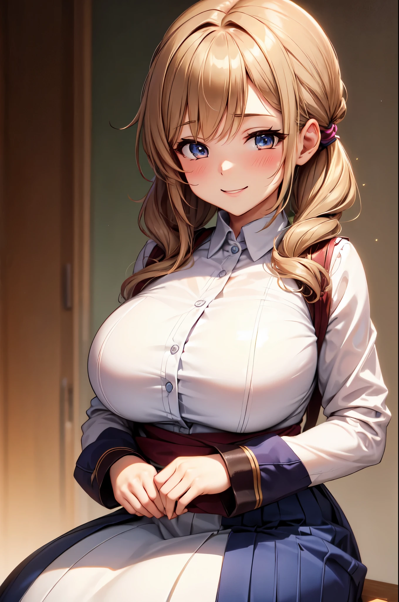 (High quality, High resolution, Fine details), colorful background, Simple Dresses, solo, curvy adult women, light brown hair, (twin-tail hairstyle), sparkling eyes, (Detailed eyes:1.2), (big smile:1.2), Sweat, Oily skin, Soft tones, shallow depth of field, soft lighting