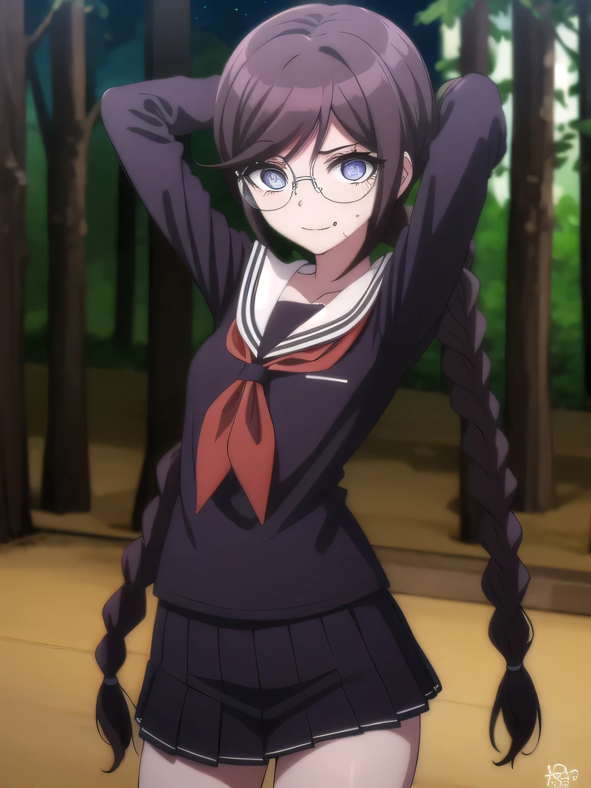 toukofukawa, touko fukawa, long hair, bangs, brown hair, braid, glasses, mole, twin braids, mole under mouth, round eyewear, (brown eyes:1.3),
BREAK skirt, shirt, long sleeves, , serafuku, sailor collar, neckerchief, black shirt, red neckerchief,
 solo, night sky, forest, arms behind head, contrapposto, spread armpits, closed mouth, smile, upper body,
BREAK looking at viewer, (cowboy shot:1.5),
BREAK (masterpiece:1.2), best quality, high resolution, unity 8k wallpaper, (illustration:0.8), (beautiful detailed eyes:1.6), extremely detailed face, perfect lighting, extremely detailed CG, (perfect hands, perfect anatomy),