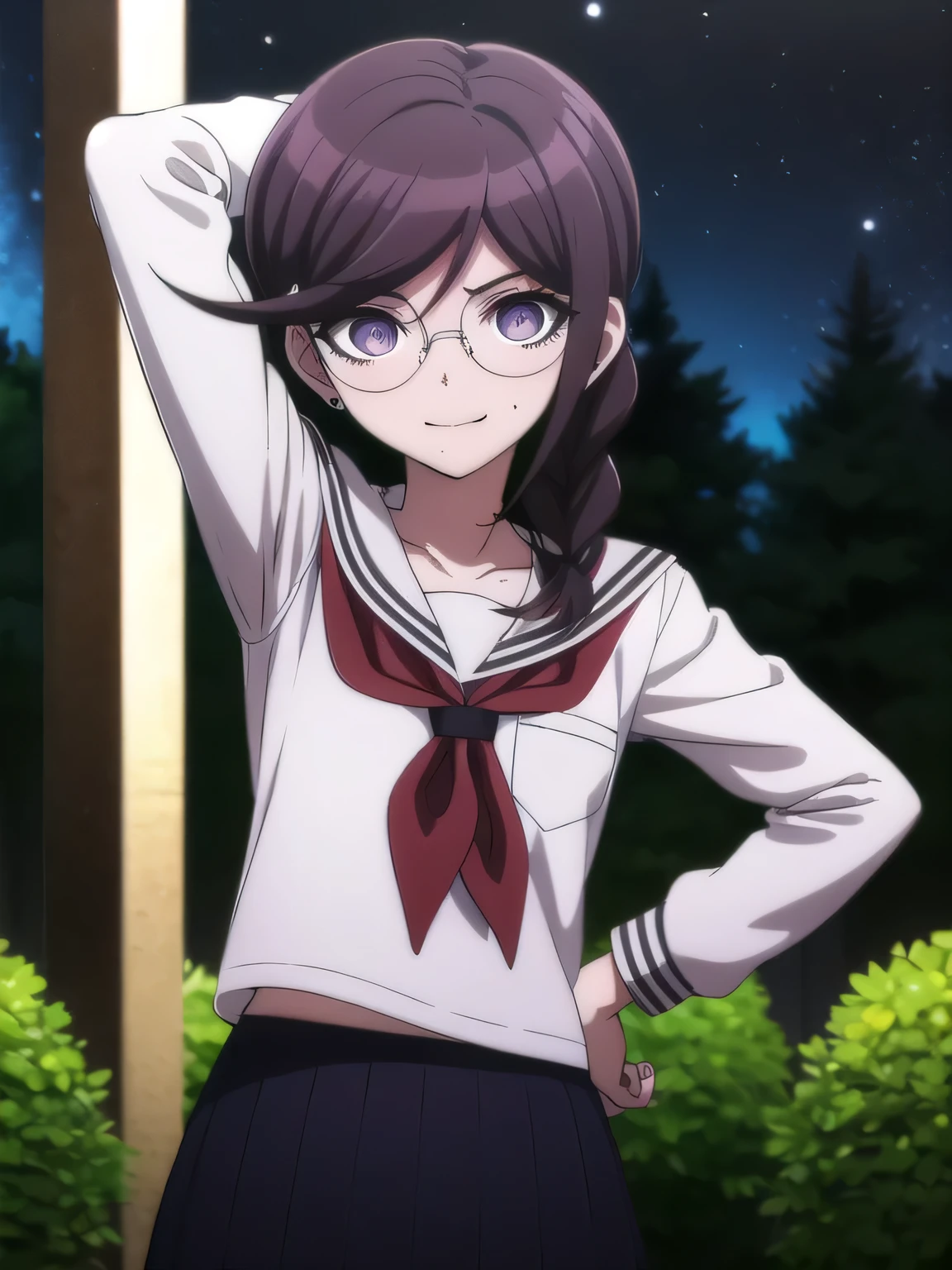 toukofukawa, touko fukawa, long hair, bangs, brown hair, braid, glasses, mole, twin braids, mole under mouth, round eyewear, (brown eyes:1.3),
BREAK skirt, shirt, long sleeves, , serafuku, sailor collar, neckerchief, black shirt, red neckerchief,
 solo, night sky, forest, arms behind head, contrapposto, spread armpits, closed mouth, smile, upper body,
BREAK looking at viewer, (cowboy shot:1.5),
BREAK (masterpiece:1.2), best quality, high resolution, unity 8k wallpaper, (illustration:0.8), (beautiful detailed eyes:1.6), extremely detailed face, perfect lighting, extremely detailed CG, (perfect hands, perfect anatomy),