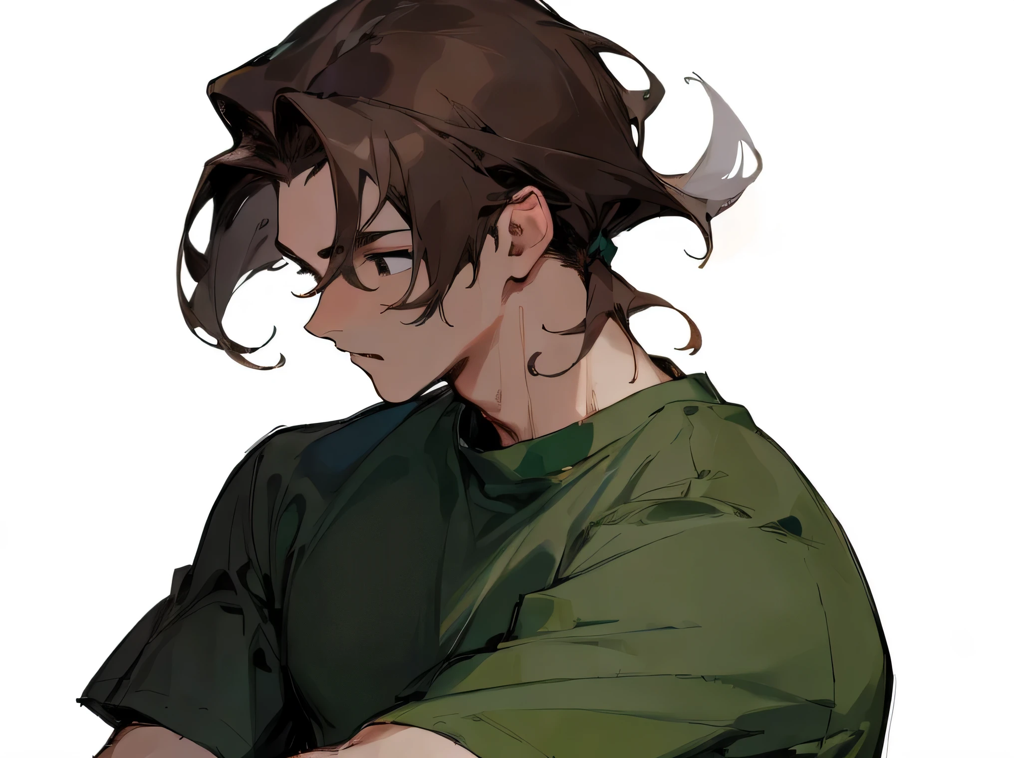[(white background:1.5),::5], ((((masterpiece)))), high quality, ultra high resolution, full color, (((alone))), ((boy)), slickback hair, ((dark brown hair)), black eye, upper body, character in the center, Green T-shirt