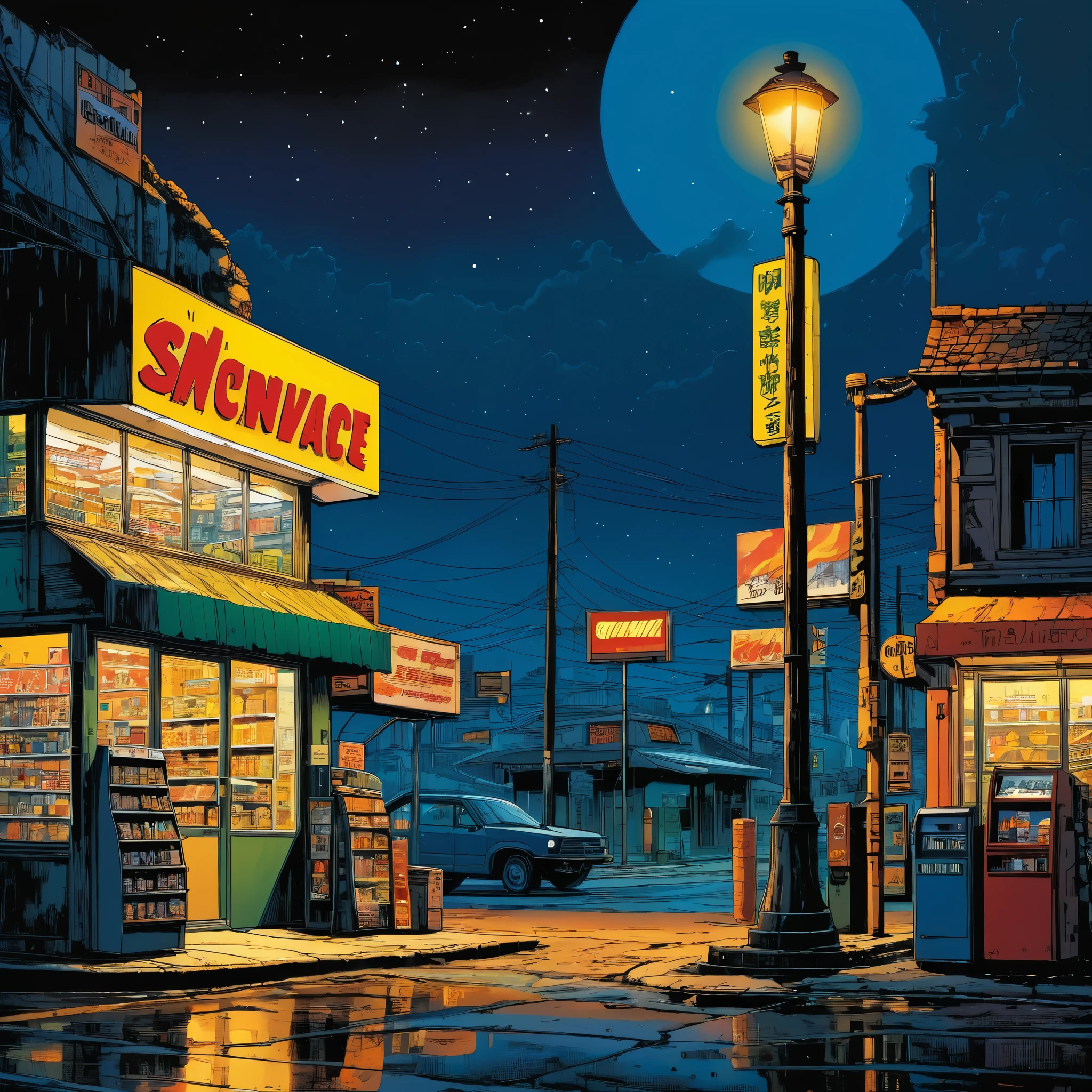 (masterpiece:1.4), (best quality:1.4), (High resolution:1.4), (masterpiece, best quality, High resolution:1.4), dark fantasy, science fiction, Frank Miller comic style, Convenience store on the road，midnight，night，street lamp, science fiction world