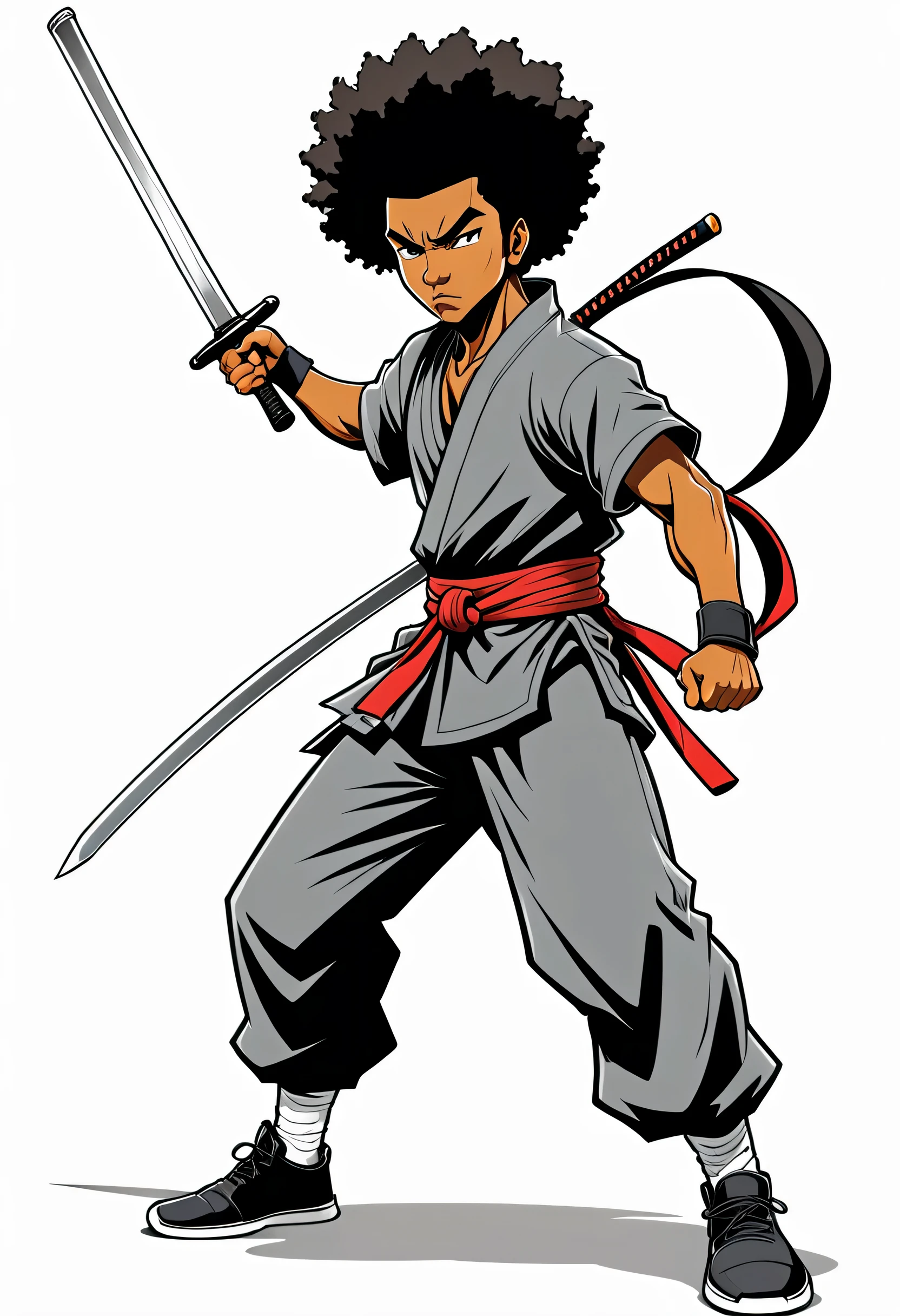 a vector t shirt design, the boondocks style, cartoon Afro ninja character in standing mid-action, wielding a katana sword with finesse. The ninja making a swiftly slices movement with a dynamic motion, against a white background.