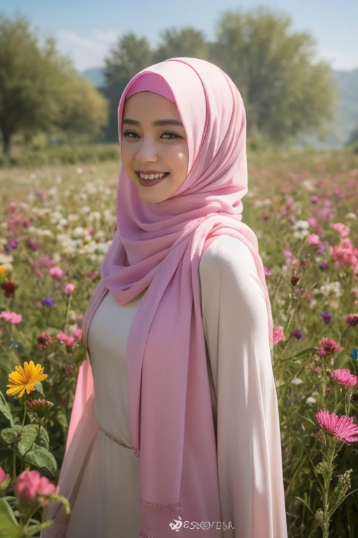 arafed woman in a pink hijab in a field of butterflies, beautiful digital painting, beautiful art uhd 4 k, beautiful digital artwork, beautiful digital illustration, very beautiful portrait, detailed beautiful portrait, beautiful digital art, very beautiful digital art, stunning digital painting, detailed beauty portrait, gorgeous digital painting, detailed painting 4 k, beautiful gorgeous digital art, UHD, realistic, smiled faintly