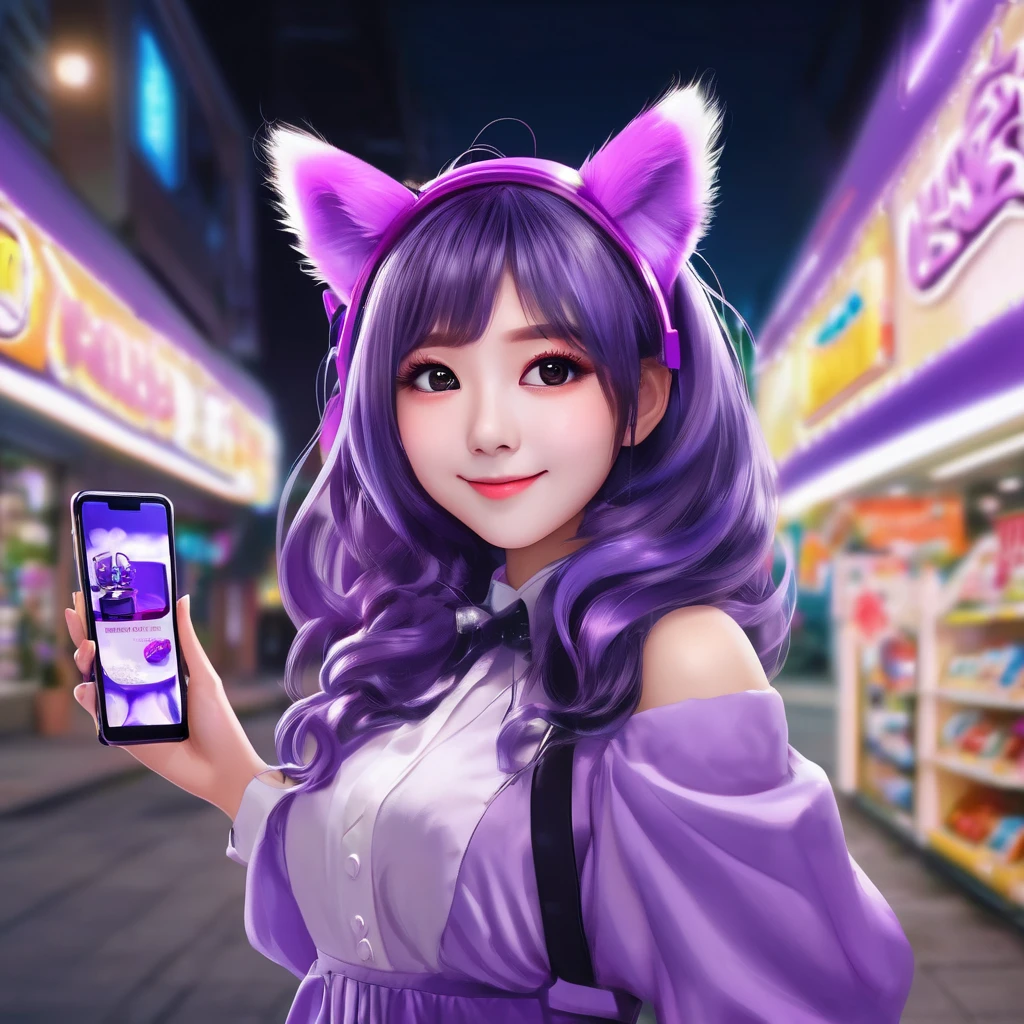 A cute Malaysian woman (age 25, shoulder length hair, fake purple cat ears, purple maid outfit, purple furry tail) is taking a selfie in front of a convenience store at midnight