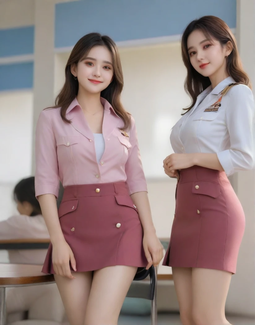 ((top-quality、9k、masterpiece:1.8))、Beautiful woman with perfect body:1.7、slim abdomen:1.8、Longhair, 38 inc breast size, Highly detailed facial and skin texture, A detailed eye, delicate eyes, double eyelid, (cute smile), (full body shot), ((full buss)), ((sitting on chair), ((wearing Korean army uniform)), looking in front