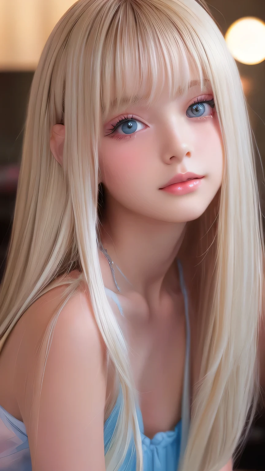 Exceptional sexy beauty、Beautiful calm and bright expression、sexy refreshing look、Perfect beautiful cute face with long bangs、Super long shiny platinum blonde straight hair、beautiful face hair、Very cute beautiful sexy young little woman、very perfect beautiful cute face、Large, bright, light blue eyes that shine beautifully、very big eyes、small face beauty、cheek gloss highlight、round face