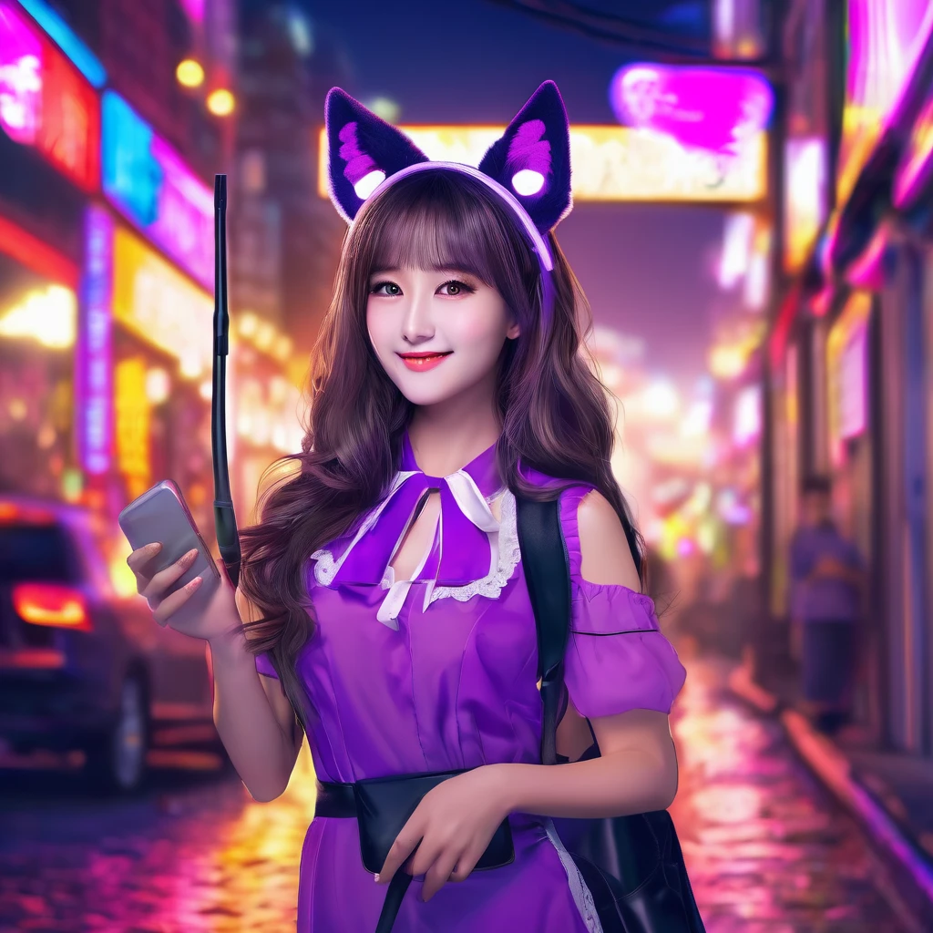 (best quality,4k,highres,masterpiece:1.2),ultra-detailed,(realistic:1.37),girl,shoulder length hair,beautiful detailed eyes,beautiful detailed lips,purple maid outfit,purple furry tail,fake purple cat ears,cute Malaysian woman,25 years old,taking a selfie,selfie stick,mobile phone,midnight,convenience store background,vibrant colors,natural lighting,colorful neon lights,night scene,urban landscape,street scene,graffiti,city life,modern,fashionable,smiling expression,confident posture