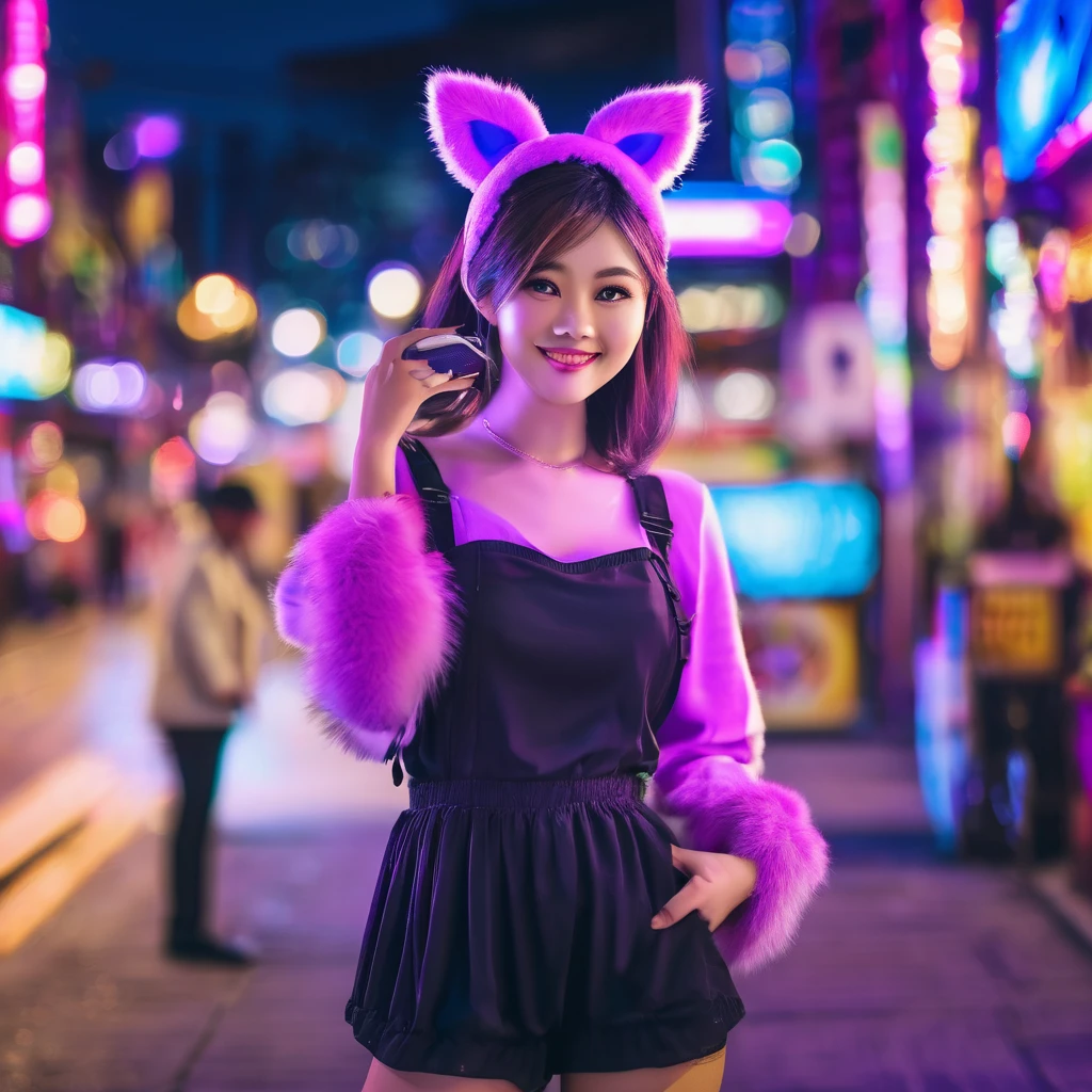 (best quality,4k,highres,masterpiece:1.2),ultra-detailed,(realistic:1.37),girl,shoulder length hair,beautiful detailed eyes,beautiful detailed lips,purple maid outfit,purple furry tail,fake purple cat ears,cute Malaysian woman,25 years old,taking a selfie,selfie stick,mobile phone,midnight,convenience store background,vibrant colors,natural lighting,colorful neon lights,night scene,urban landscape,street scene,graffiti,city life,modern,fashionable,smiling expression,confident posture