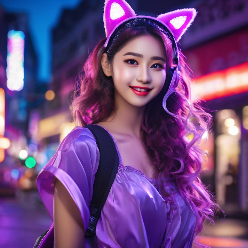 (best quality,4k,highres,masterpiece:1.2),ultra-detailed,(realistic:1.37),girl,shoulder length hair,beautiful detailed eyes,beautiful detailed lips,purple maid outfit,purple furry tail,fake purple cat ears,cute Malaysian woman,25 years old,taking a selfie,selfie stick,mobile phone,midnight,convenience store background,vibrant colors,natural lighting,colorful neon lights,night scene,urban landscape,street scene,graffiti,city life,modern,fashionable,smiling expression,confident posture