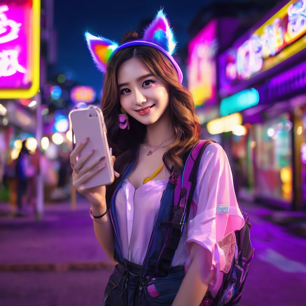 (best quality,4k,highres,masterpiece:1.2),ultra-detailed,(realistic:1.37),girl,shoulder length hair,beautiful detailed eyes,beautiful detailed lips,purple maid outfit,purple furry tail,fake purple cat ears,cute Malaysian woman,25 years old,taking a selfie,selfie stick,mobile phone,midnight,convenience store background,vibrant colors,natural lighting,colorful neon lights,night scene,urban landscape,street scene,graffiti,city life,modern,fashionable,smiling expression,confident posture
