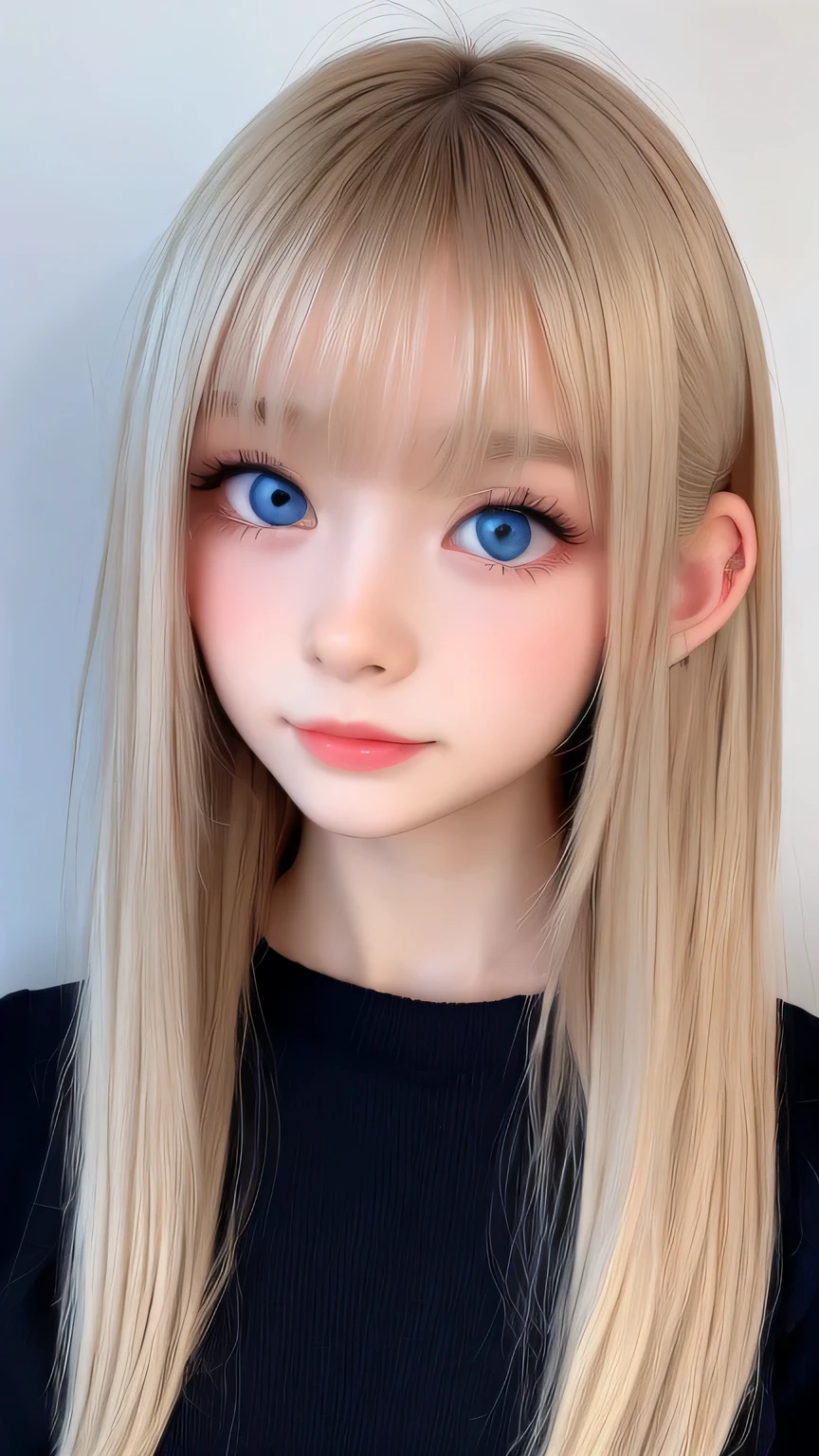 Exceptional sexy beauty、Beautiful calm and bright expression、sexy refreshing look、Perfect beautiful cute face with long bangs、Super long shiny platinum blonde straight hair、beautiful face hair、Very cute beautiful sexy young little woman、very perfect beautiful cute face、Large, bright, light blue eyes that shine beautifully、very big eyes、small face beauty、cheek gloss highlight、round face