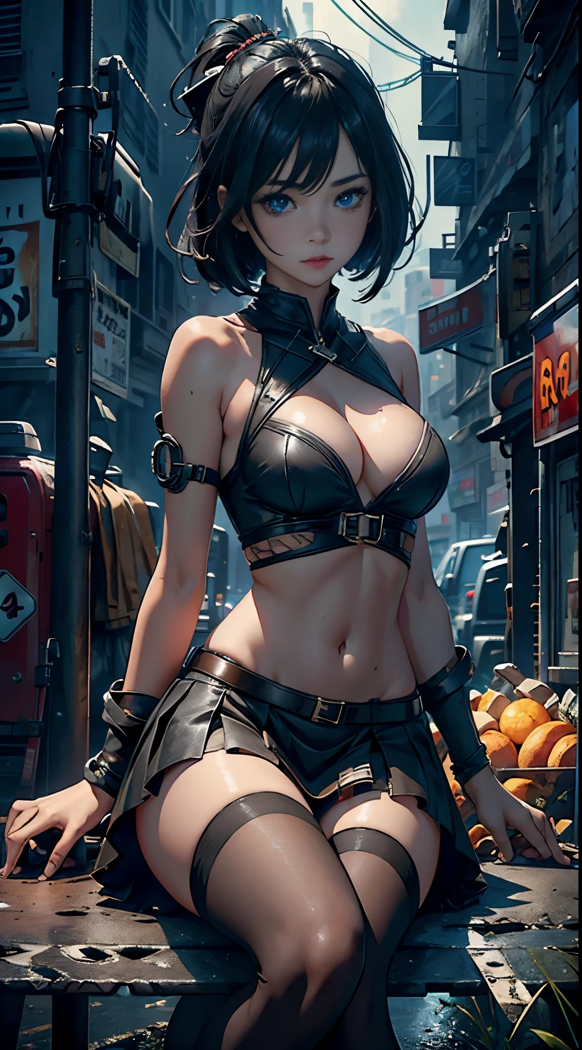 1个Giant Breast Girl, black hair color hair, whiteskirt, sitting on a bench, Tramac drops, perfect eyes, perfect hand, ultra high resolution, Movie Angle, profesional lighting, Best quality, tmasterpiece, Side seams, Sharp, Perfect focus，corner store，fantasy_world，（Elaborate Eyes：1.3），realistically，（3D face：1.1），（Glow skin：1.5），（Ultra high resolution complex facial details skin pores：1.3），Ultra high resolution fabric texture，8k eye details，8K ，