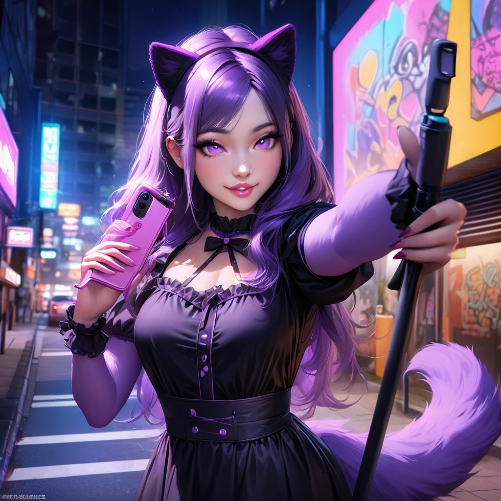 (best quality,4k,highres,masterpiece:1.2),ultra-detailed,(realistic:1.37),girl,shoulder length hair,beautiful detailed eyes,beautiful detailed lips,purple maid outfit,purple furry tail,fake purple cat ears,cute Malaysian woman,25 years old,taking a selfie,selfie stick,mobile phone,midnight,convenience store background,vibrant colors,natural lighting,colorful neon lights,night scene,urban landscape,street scene,graffiti,city life,modern,fashionable,smiling expression,confident posture