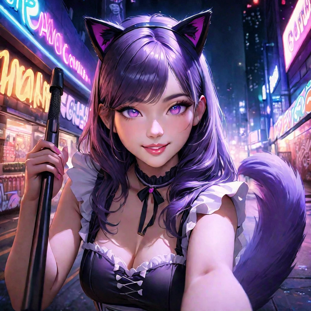 (best quality,4k,highres,masterpiece:1.2),ultra-detailed,(realistic:1.37),girl,shoulder length hair,beautiful detailed eyes,beautiful detailed lips,purple maid outfit,purple furry tail,fake purple cat ears,cute Malaysian woman,25 years old,taking a selfie,selfie stick,mobile phone,midnight,convenience store background,vibrant colors,natural lighting,colorful neon lights,night scene,urban landscape,street scene,graffiti,city life,modern,fashionable,smiling expression,confident posture