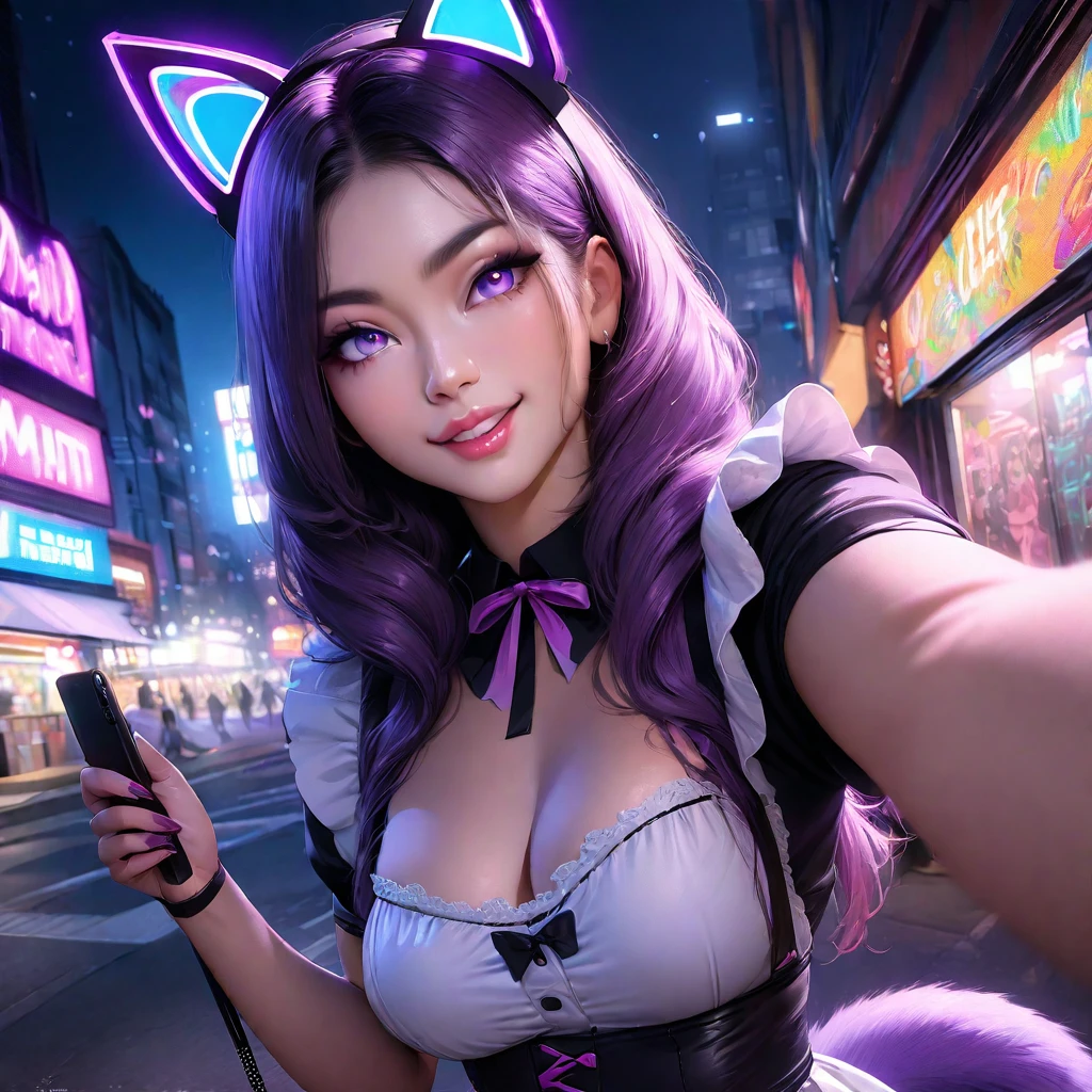(best quality,4k,highres,masterpiece:1.2),ultra-detailed,(realistic:1.37),girl,shoulder length hair,beautiful detailed eyes,beautiful detailed lips,purple maid outfit,purple furry tail,fake purple cat ears,cute Malaysian woman,25 years old,taking a selfie,selfie stick,mobile phone,midnight,convenience store background,vibrant colors,natural lighting,colorful neon lights,night scene,urban landscape,street scene,graffiti,city life,modern,fashionable,smiling expression,confident posture