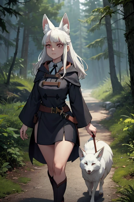 A white haired female witch with copper eyes and white fox ears and a white fox tail in a conservative witch's uniform is walking through a forest at night