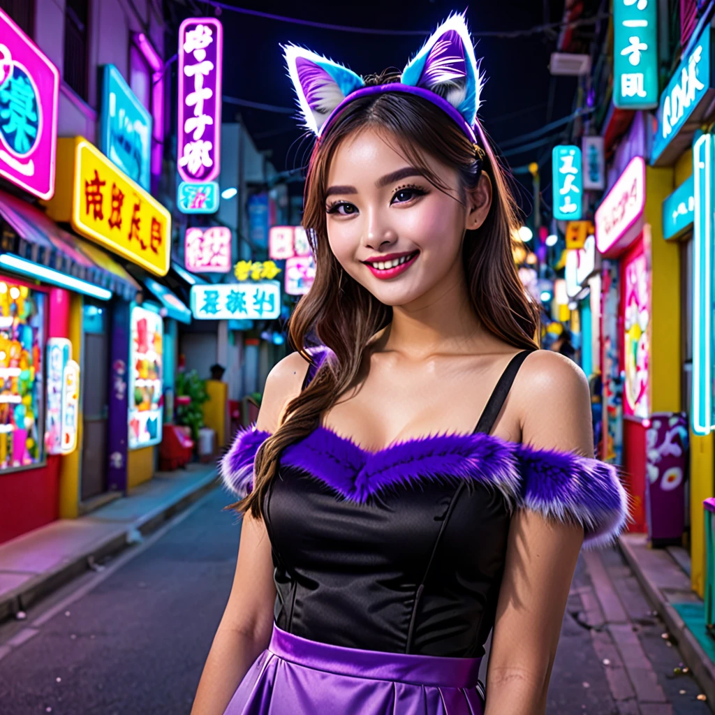 (best quality,4k,highres,masterpiece:1.2),ultra-detailed,(realistic:1.37),girl,shoulder length hair,beautiful detailed eyes,beautiful detailed lips,purple maid outfit,purple furry tail,fake purple cat ears,cute Malaysian woman,25 years old,taking a selfie,selfie stick,mobile phone,midnight,convenience store background,vibrant colors,natural lighting,colorful neon lights,night scene,urban landscape,street scene,graffiti,city life,modern,fashionable,smiling expression,confident posture