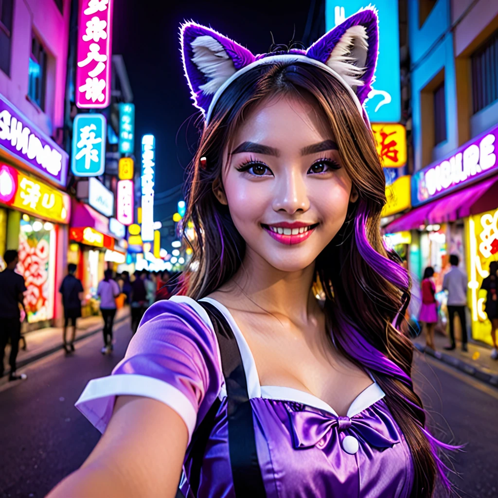 (best quality,4k,highres,masterpiece:1.2),ultra-detailed,(realistic:1.37),girl,shoulder length hair,beautiful detailed eyes,beautiful detailed lips,purple maid outfit,purple furry tail,fake purple cat ears,cute Malaysian woman,25 years old,taking a selfie,selfie stick,mobile phone,midnight,convenience store background,vibrant colors,natural lighting,colorful neon lights,night scene,urban landscape,street scene,graffiti,city life,modern,fashionable,smiling expression,confident posture