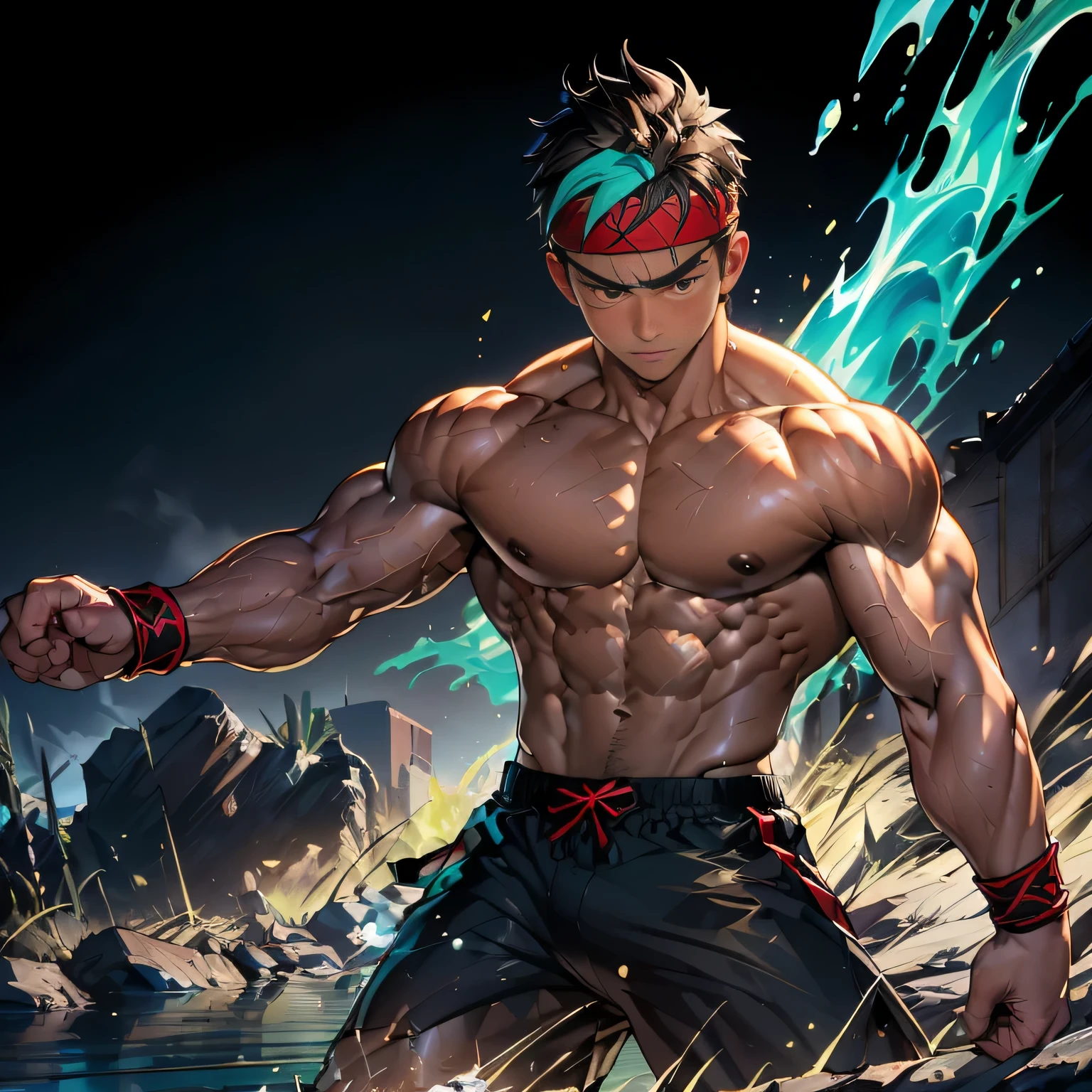 (Masterpiece, Best quality 19 year old boy, black background, shoot from back), solo, Young, boy, muscler, Shirtless, , (Dark Short straight hair, under cut, brown eyes), (red headband, ((black wristband))), Vivid colors, (hot Abs:1.2, abs!, big abs, big :1.2, !, muscler upper arms), ( male), muscler!, muscler body, Man with martial arts stance, (aura power:1.4), detailed face, detailed muscle, (((A magical turquoise mystical aura, random fighting pose, powerful, action, rippling muscles, fighting with enemy, Fotografia de combate)))
