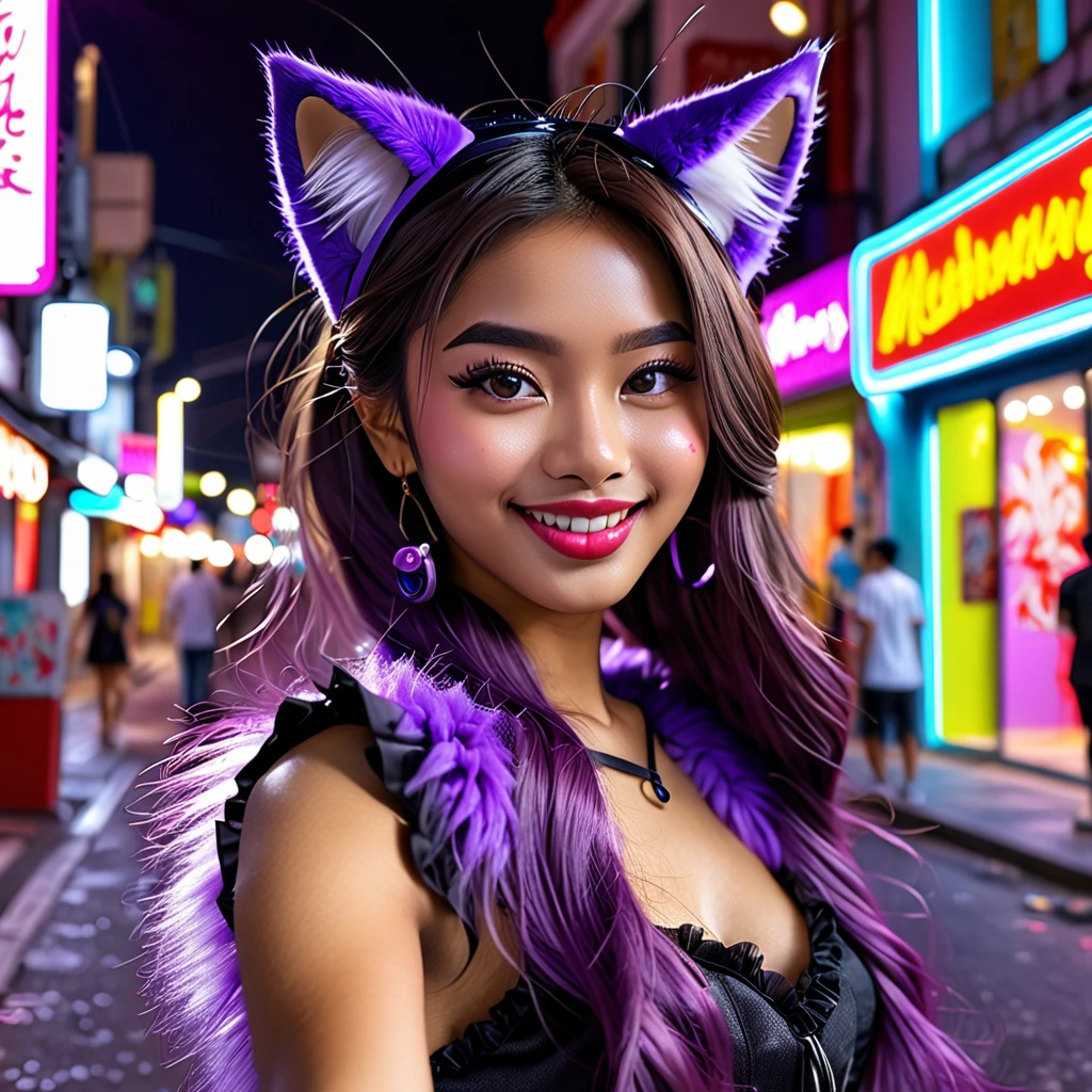 (best quality,4k,highres,masterpiece:1.2),ultra-detailed,(realistic:1.37),girl,shoulder length hair,beautiful detailed eyes,beautiful detailed lips,purple maid outfit,purple furry tail,fake purple cat ears,cute Malaysian woman,25 years old,taking a selfie,selfie stick,mobile phone,midnight,convenience store background,vibrant colors,natural lighting,colorful neon lights,night scene,urban landscape,street scene,graffiti,city life,modern,fashionable,smiling expression,confident posture
