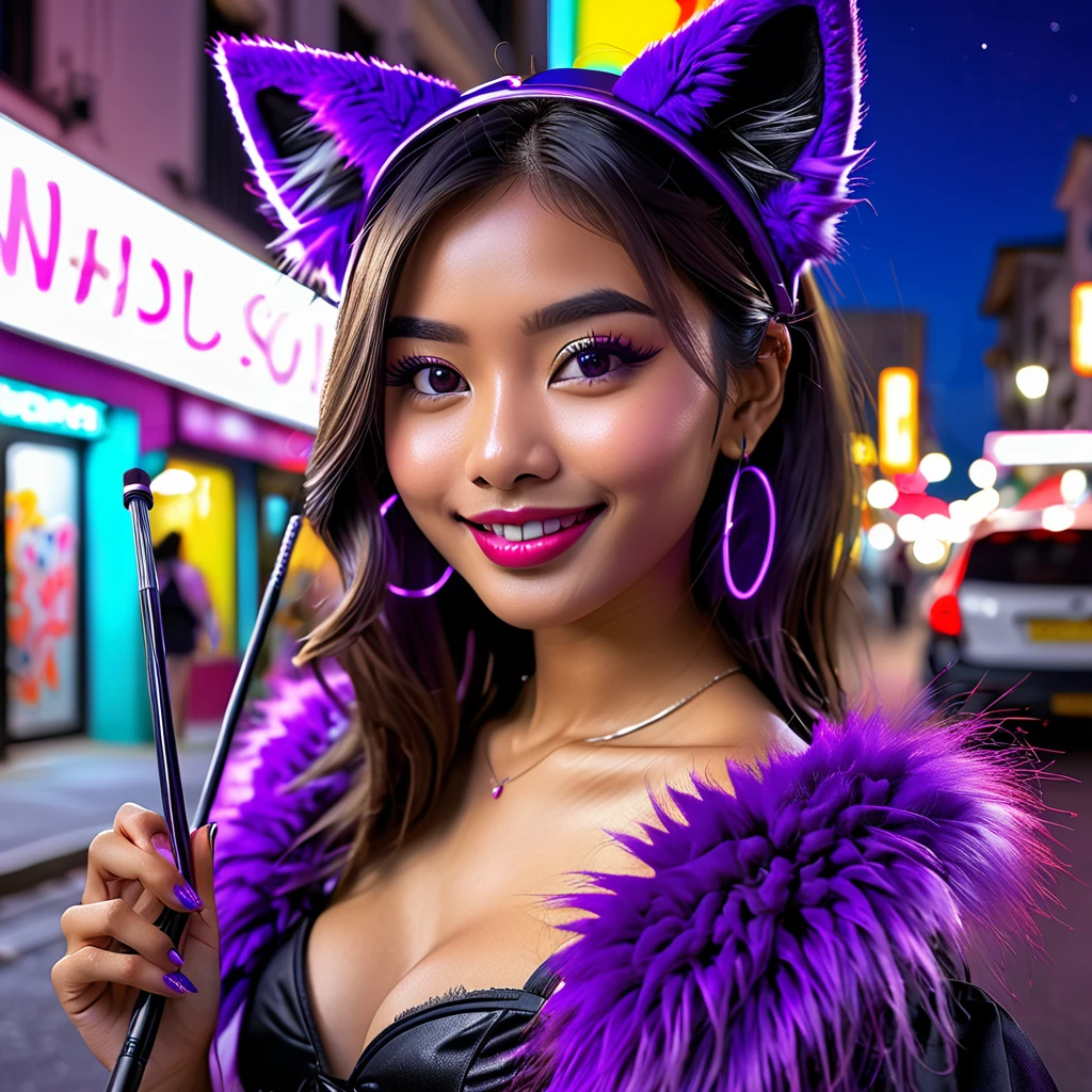 (best quality,4k,highres,masterpiece:1.2),ultra-detailed,(realistic:1.37),girl,shoulder length hair,beautiful detailed eyes,beautiful detailed lips,purple maid outfit,purple furry tail,fake purple cat ears,cute Malaysian woman,25 years old,taking a selfie,selfie stick,mobile phone,midnight,convenience store background,vibrant colors,natural lighting,colorful neon lights,night scene,urban landscape,street scene,graffiti,city life,modern,fashionable,smiling expression,confident posture