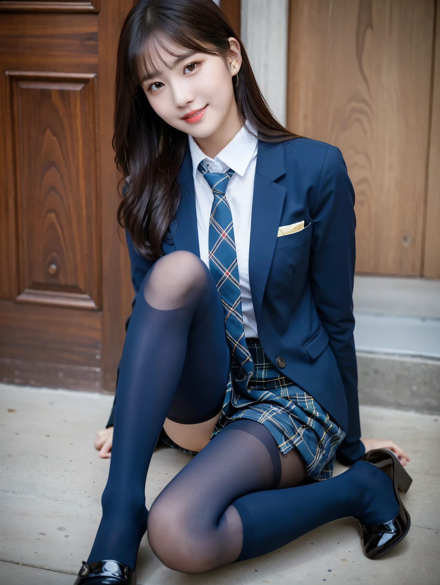 (8K), (highest quality: 1.2), (realistic), (realistic: 1.37), ultra high resolution, (1 girl), cute, smile, closed mouth, beautiful details, beautiful nose, wet hair, giant dulcefo, pork, thighs，self snap,University Student Uniform,simple blazer,pleated skirt,(The pattern of the skirt and tie is a tartan check pattern....:1.3),(sitting:1), sit on the ground,(hug your feet:1),(Blue tights),from the front,knees