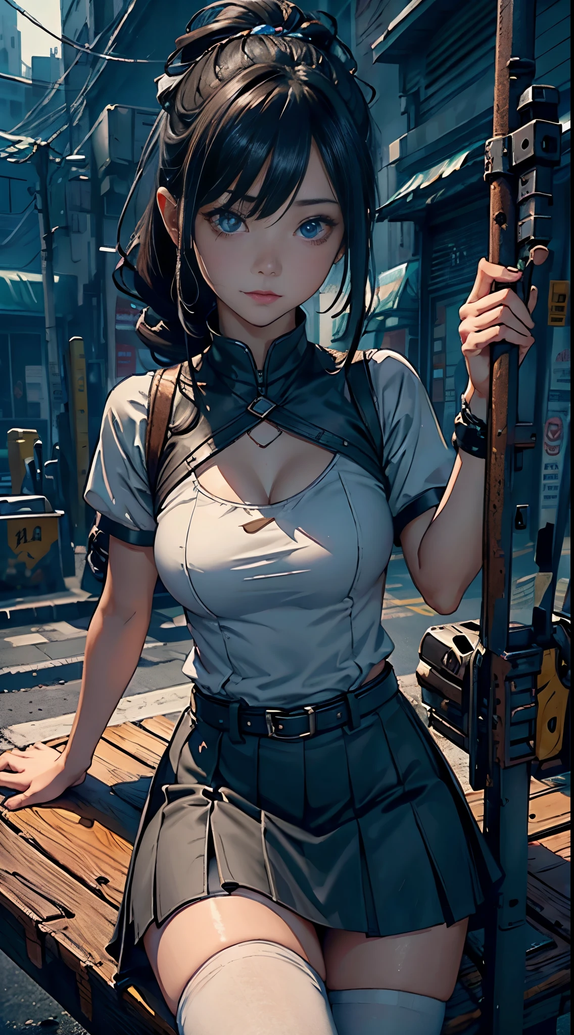 1个Giant Breast Girl, black hair color hair, whiteskirt, sitting on a bench, Tramac drops, perfect eyes, perfect hand, ultra high resolution, Movie Angle, profesional lighting, Best quality, tmasterpiece, Side seams, Sharp, Perfect focus，corner store，fantasy_world，（Elaborate Eyes：1.3），realistically，（3D face：1.1），（Glow skin：1.5），（Ultra high resolution complex facial details skin pores：1.3），Ultra high resolution fabric texture，8k eye details，8K ，