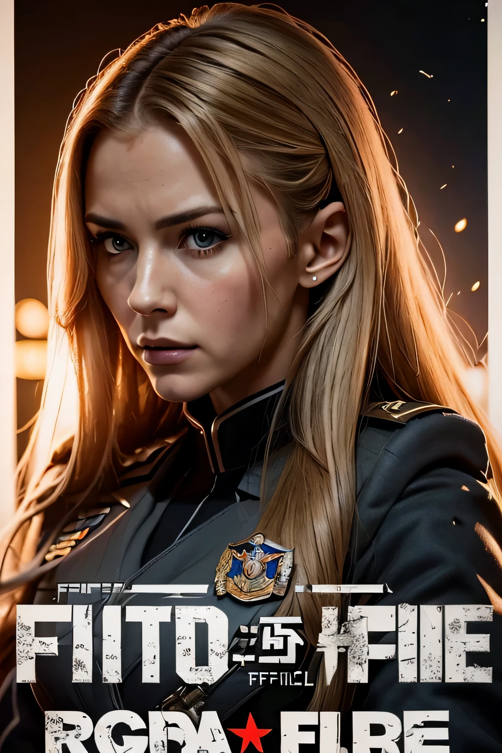 realistic,polite attire,(Fighter Action War Movie Poster),(Foundation Film Reference: 1.8),realistic,Air Force general uniform,(realistic Face Resolution),movie pose,adult,skinny,small,1 woman with long hair and dark blonde,serious face,SF,SF,Various supporting characters